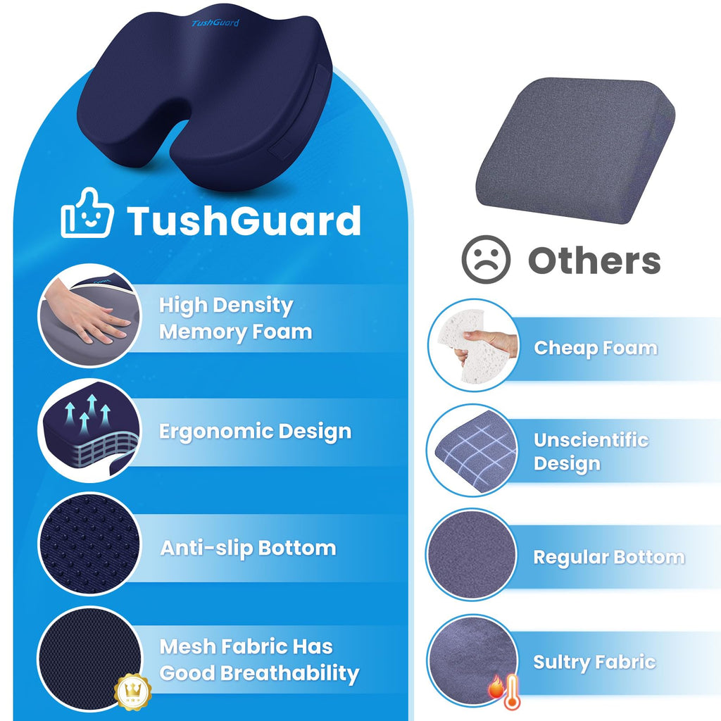 TushGuard Seat Cushion for Office Chair Memory Foam Non-Slip Cushion Back, Relief Chair Pad, Butt Pillow for Office Chair, Car, Computer Desk, Black
