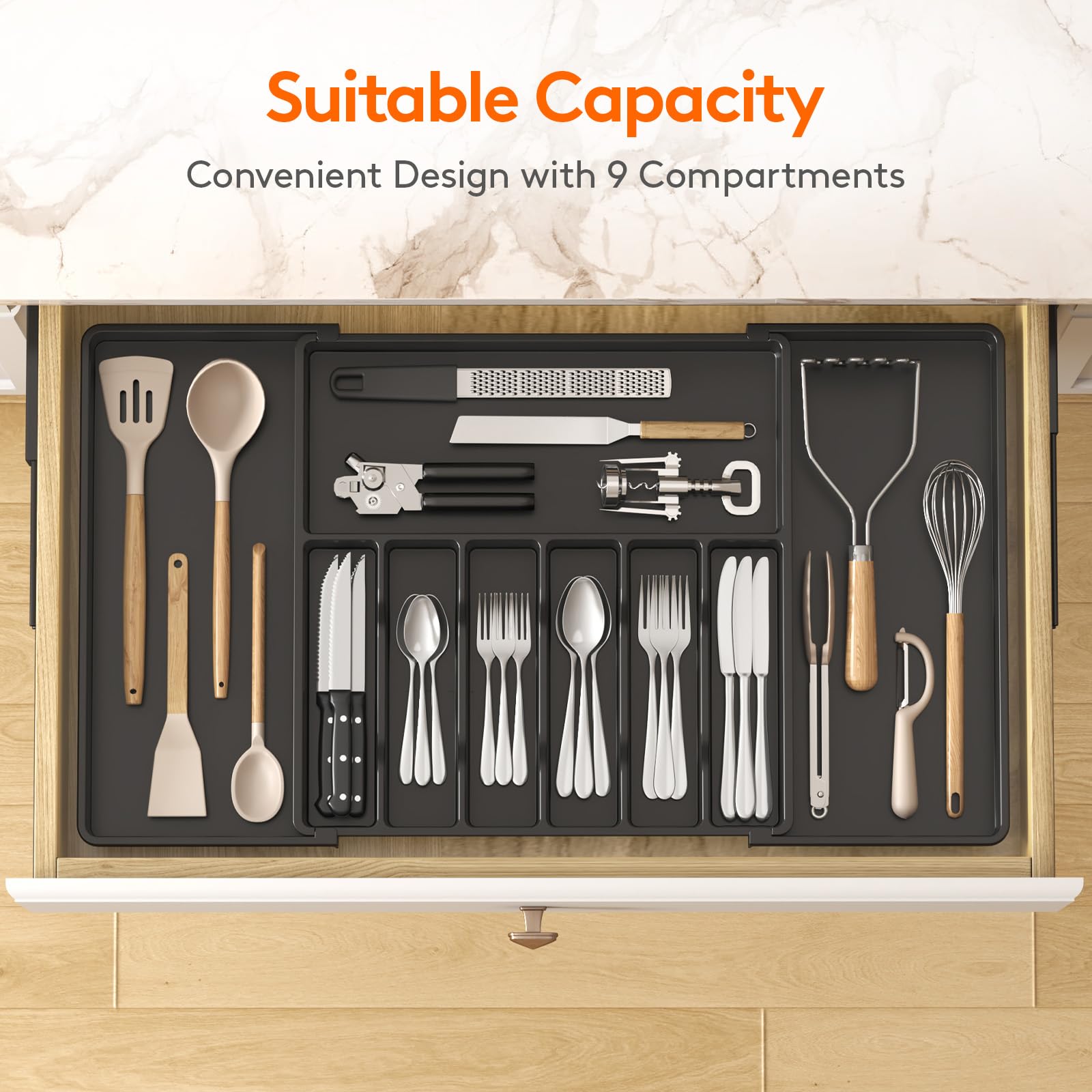 Lifewit Silverware Drawer Organizer, Expandable Utensil Tray for Kitchen, BPA Free Flatware and Cutlery Holder, Adjustable Plastic Storage for Spoons Forks Knives, 8.5"-14.1" x 12.1", Black