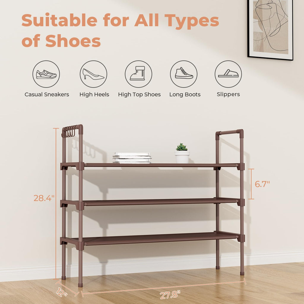 LANTEFUL 3 Tier Shoe Rack for Closet, Shoe Organizer with 5 Hooks, Long Shoe Shelf Storage for Sneaker and Boot Stackable Free Standing Shoe Rack for Entryway, Garage, Small Spaces, Dorm