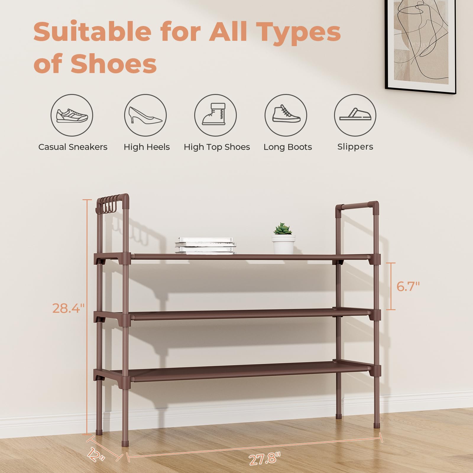 LANTEFUL 3 Tier Shoe Rack for Closet, Shoe Organizer with 5 Hooks, Long Shoe Shelf Storage for Sneaker and Boot Stackable Free Standing Shoe Rack for Entryway, Garage, Small Spaces, Dorm