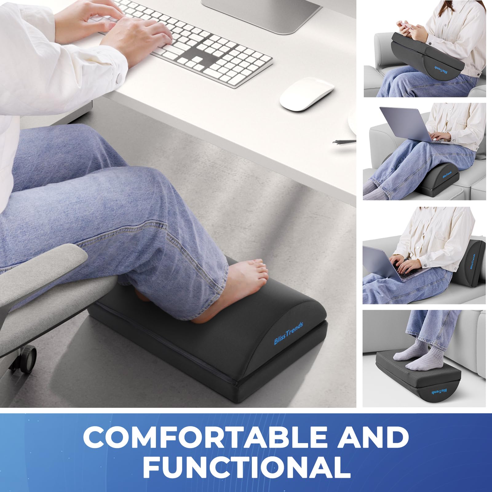 BlissTrends Foot Rest for Under Desk at Work-Versatile Foot Stool with Washable Cover-Comfortable Footrest with 2 Adjustable Heights for Car,Home and Office to Relieve Back,Lumbar,Knee Pain-Black