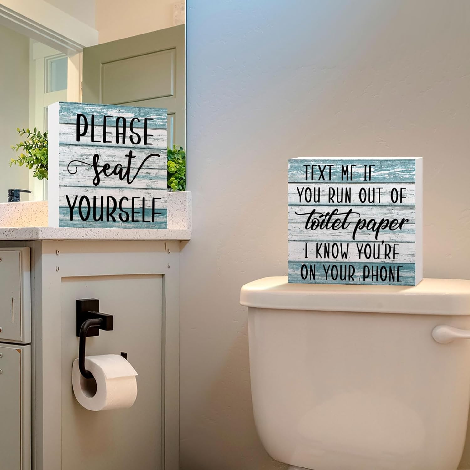 Jetec 2 Pieces Farmhouse Bathroom Signs Decor Wooden Box Sign Funny Bathroom Wall Art Rustic Wood Plaque Please Seat Yourself Decor for Home Restroom(Black)