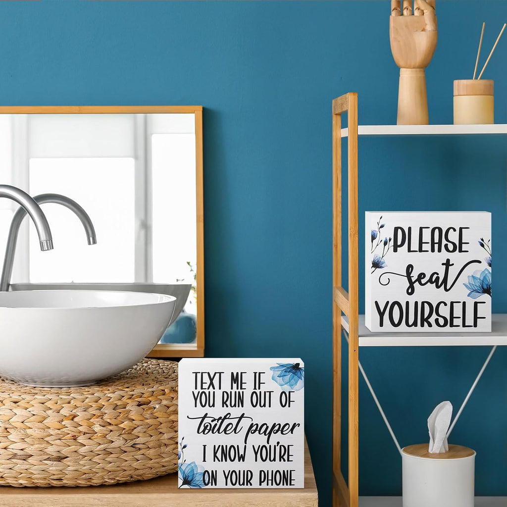 Jetec 2 Pieces Farmhouse Bathroom Signs Decor Wooden Box Sign Funny Bathroom Wall Art Rustic Wood Plaque Please Seat Yourself Decor for Home Restroom(Black)