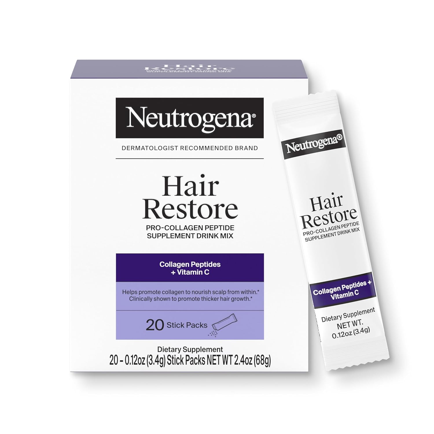 Neutrogena Hair Restore Pro-Collagen Peptide Supplement, Powder Drink Mix with Vitamin C Supports Keratin Production, Nourishes Scalp from Within & Promotes Thicker Hair, 20 Stick Packs