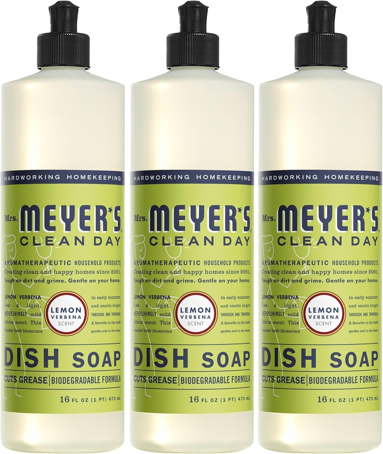 MRS. MEYER'S CLEAN DAY Liquid Dish Soap, Lemon Verbena, 16 fl. oz - Pack of 3