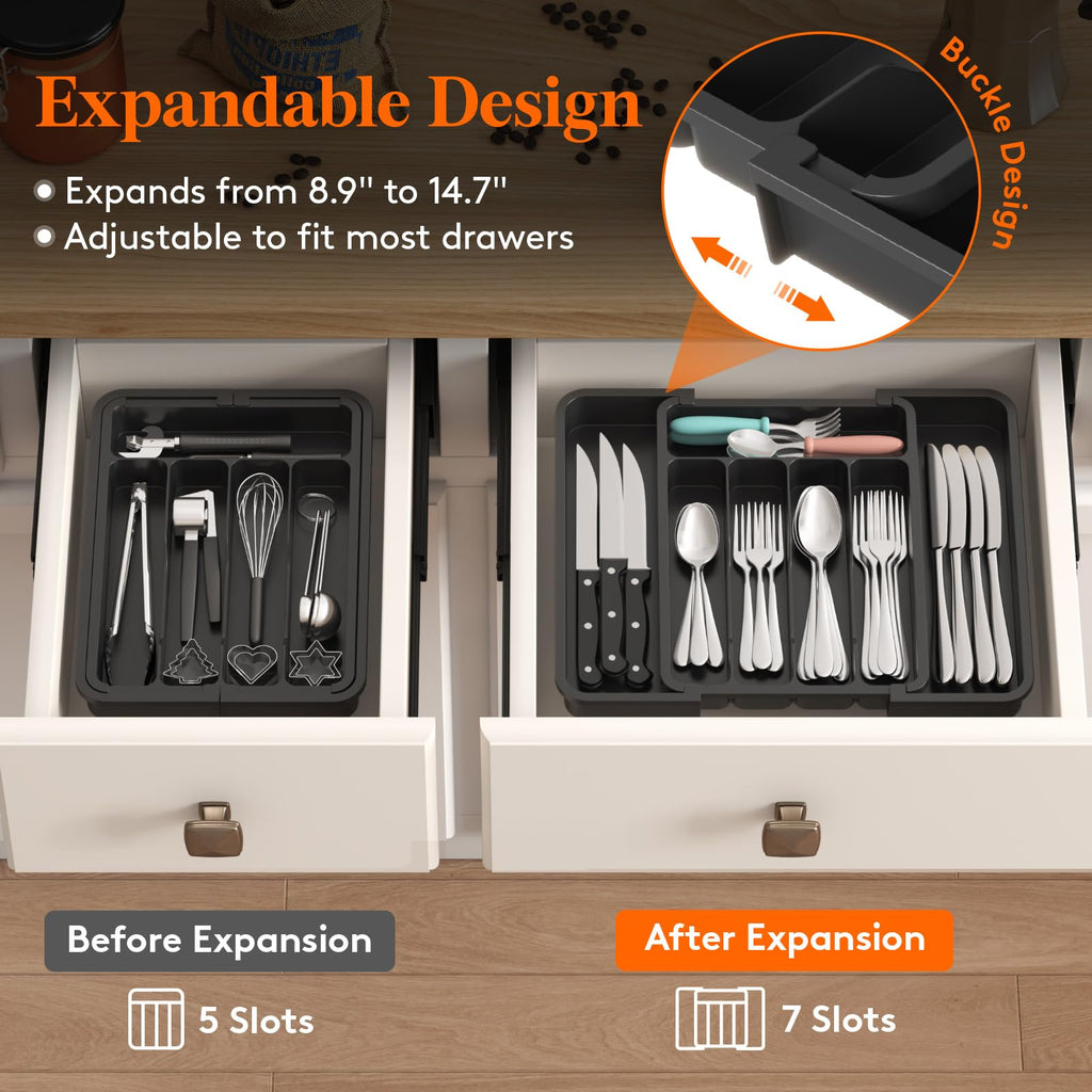 Lifewit Silverware Drawer Organizer, Expandable Utensil Tray for Kitchen, BPA Free Flatware and Cutlery Holder, Adjustable Plastic Storage for Spoons Forks Knives, 8.5"-14.1" x 12.1", Black