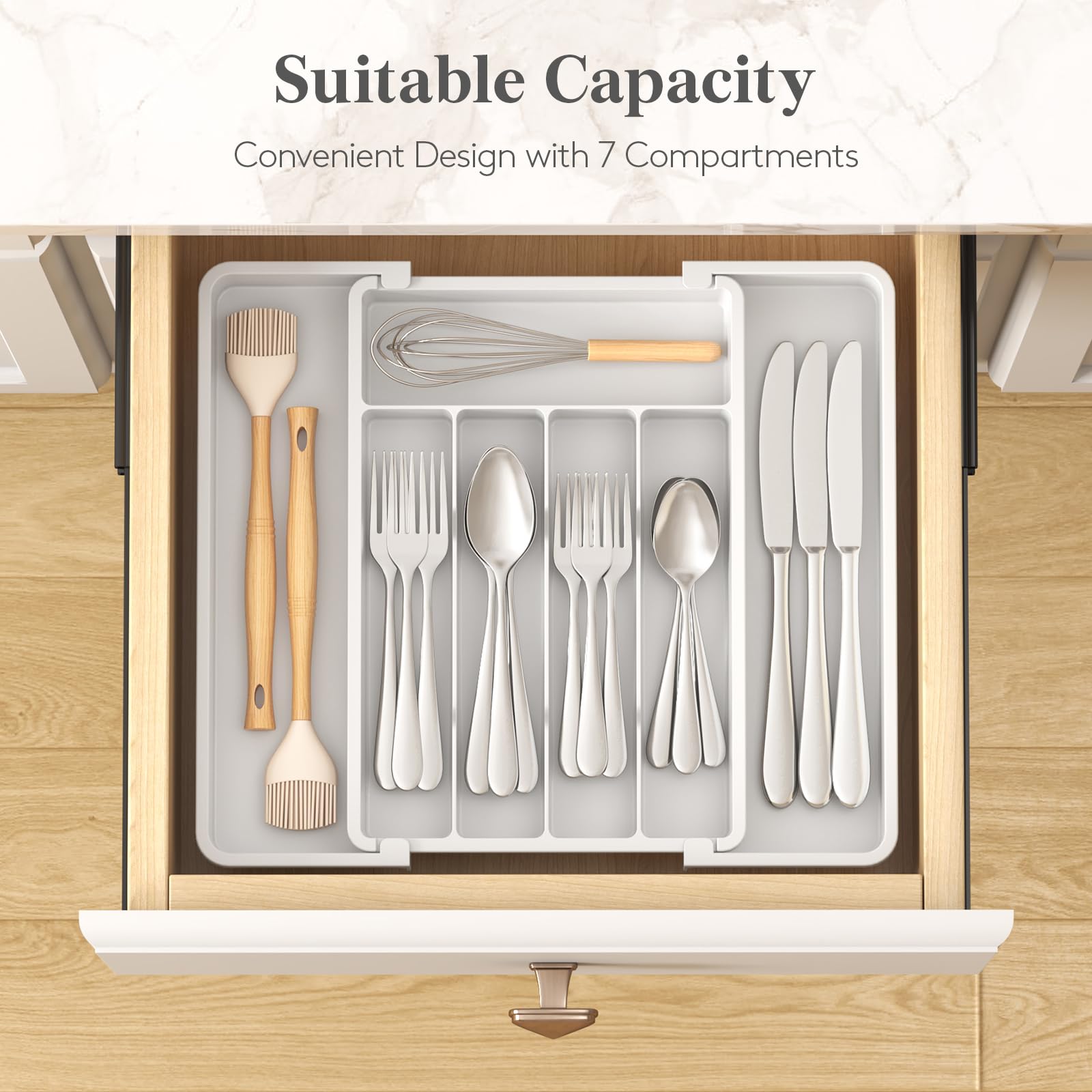 Lifewit Silverware Drawer Organizer, Expandable Utensil Tray for Kitchen, BPA Free Flatware and Cutlery Holder, Adjustable Plastic Storage for Spoons Forks Knives, 8.5"-14.1" x 12.1", Black