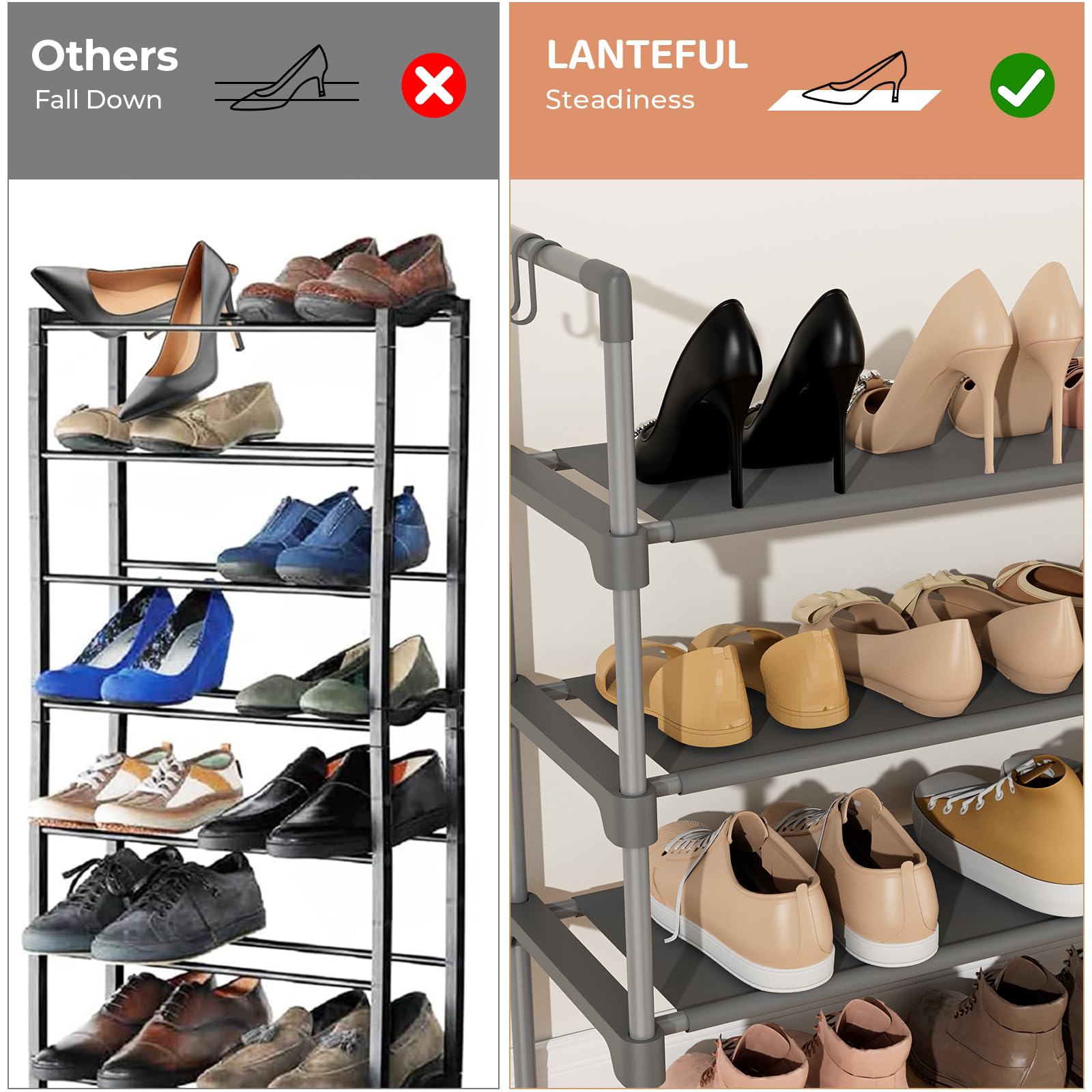 LANTEFUL 3 Tier Shoe Rack for Closet, Shoe Organizer with 5 Hooks, Long Shoe Shelf Storage for Sneaker and Boot Stackable Free Standing Shoe Rack for Entryway, Garage, Small Spaces, Dorm