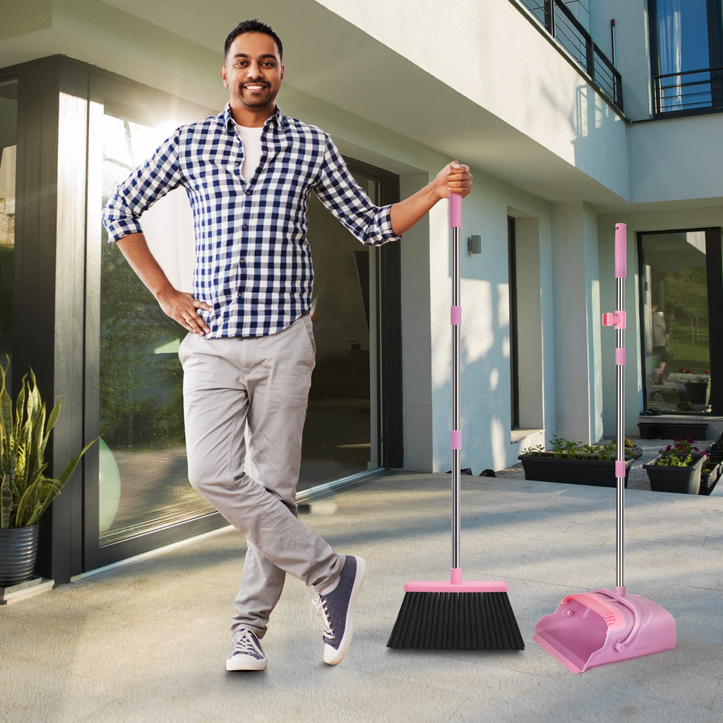 kelamayi Upgrade Broom and Dustpan Set, Large Size and with Long Handle, Upright,Ideal for Indoor Outdoor Garage Kitchen Room Office Lobby Use (Green)