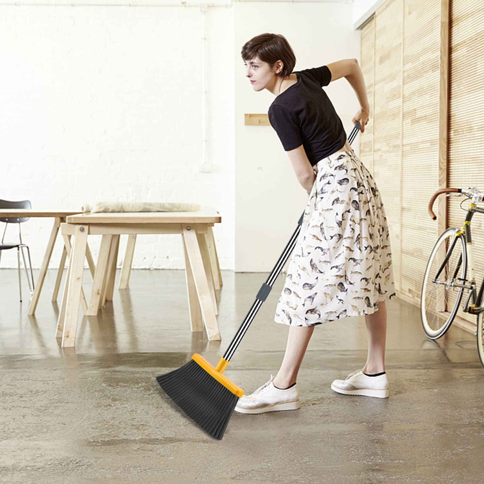 kelamayi Upgrade Broom and Dustpan Set, Large Size and with Long Handle, Upright,Ideal for Indoor Outdoor Garage Kitchen Room Office Lobby Use (Green)