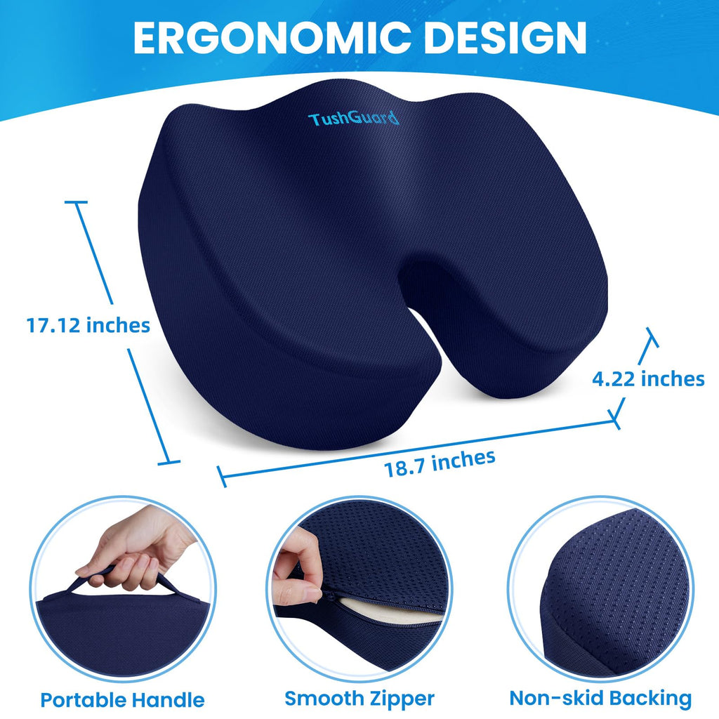 TushGuard Seat Cushion for Office Chair Memory Foam Non-Slip Cushion Back, Relief Chair Pad, Butt Pillow for Office Chair, Car, Computer Desk, Black
