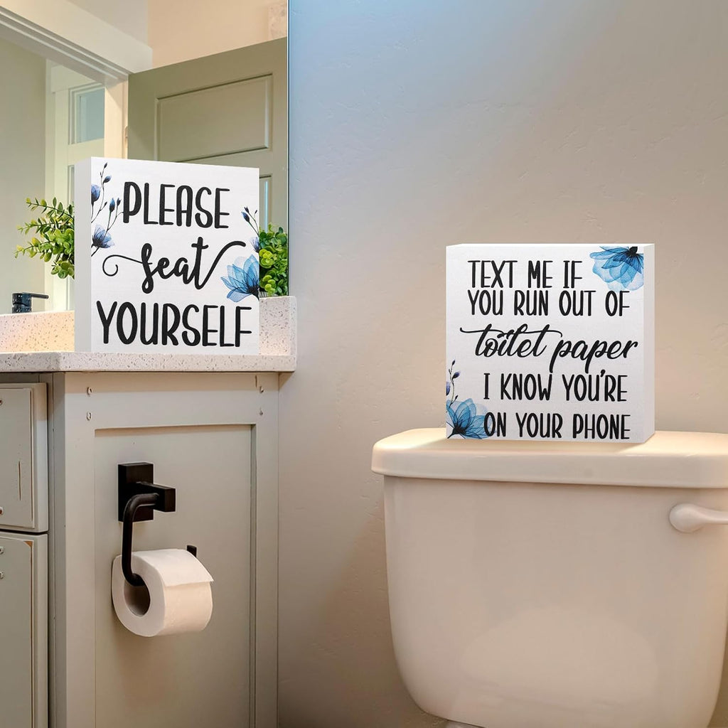 Jetec 2 Pieces Farmhouse Bathroom Signs Decor Wooden Box Sign Funny Bathroom Wall Art Rustic Wood Plaque Please Seat Yourself Decor for Home Restroom(Black)