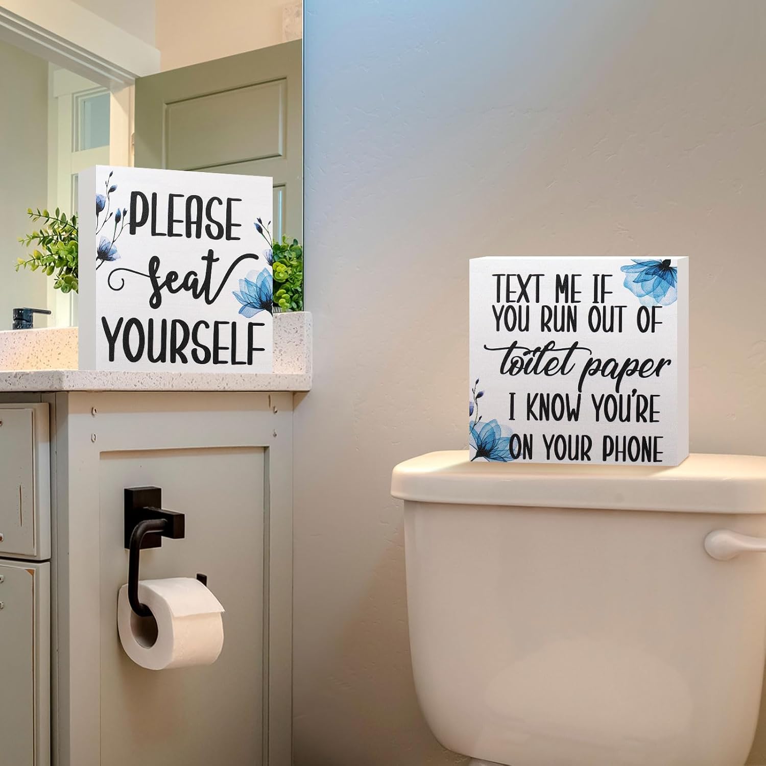 Jetec 2 Pieces Farmhouse Bathroom Signs Decor Wooden Box Sign Funny Bathroom Wall Art Rustic Wood Plaque Please Seat Yourself Decor for Home Restroom(Black)