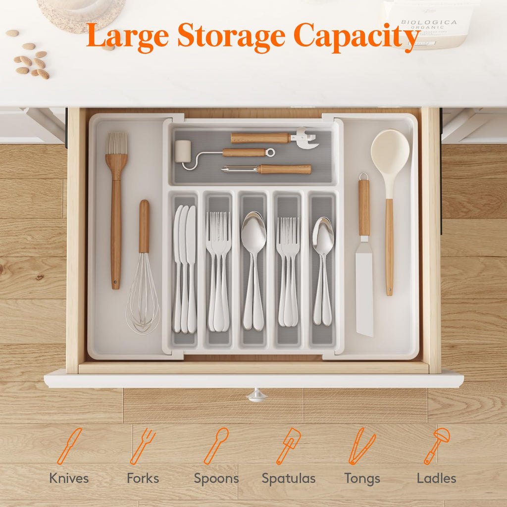 Lifewit Silverware Drawer Organizer, Expandable Utensil Tray for Kitchen, BPA Free Flatware and Cutlery Holder, Adjustable Plastic Storage for Spoons Forks Knives, 8.5"-14.1" x 12.1", Black