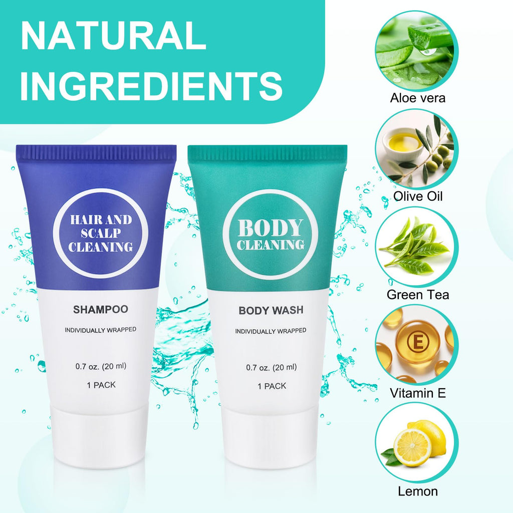 Travel Size Shampoo and Body Wash Set, Small Trial Hair Shampoo Sample Shower Gel Kit Mini Toiletries Amenities Set for Men and Women, Cleansing for Hotel/Vacation/Homeless 0.7 oz/20 ml (100 Pack)