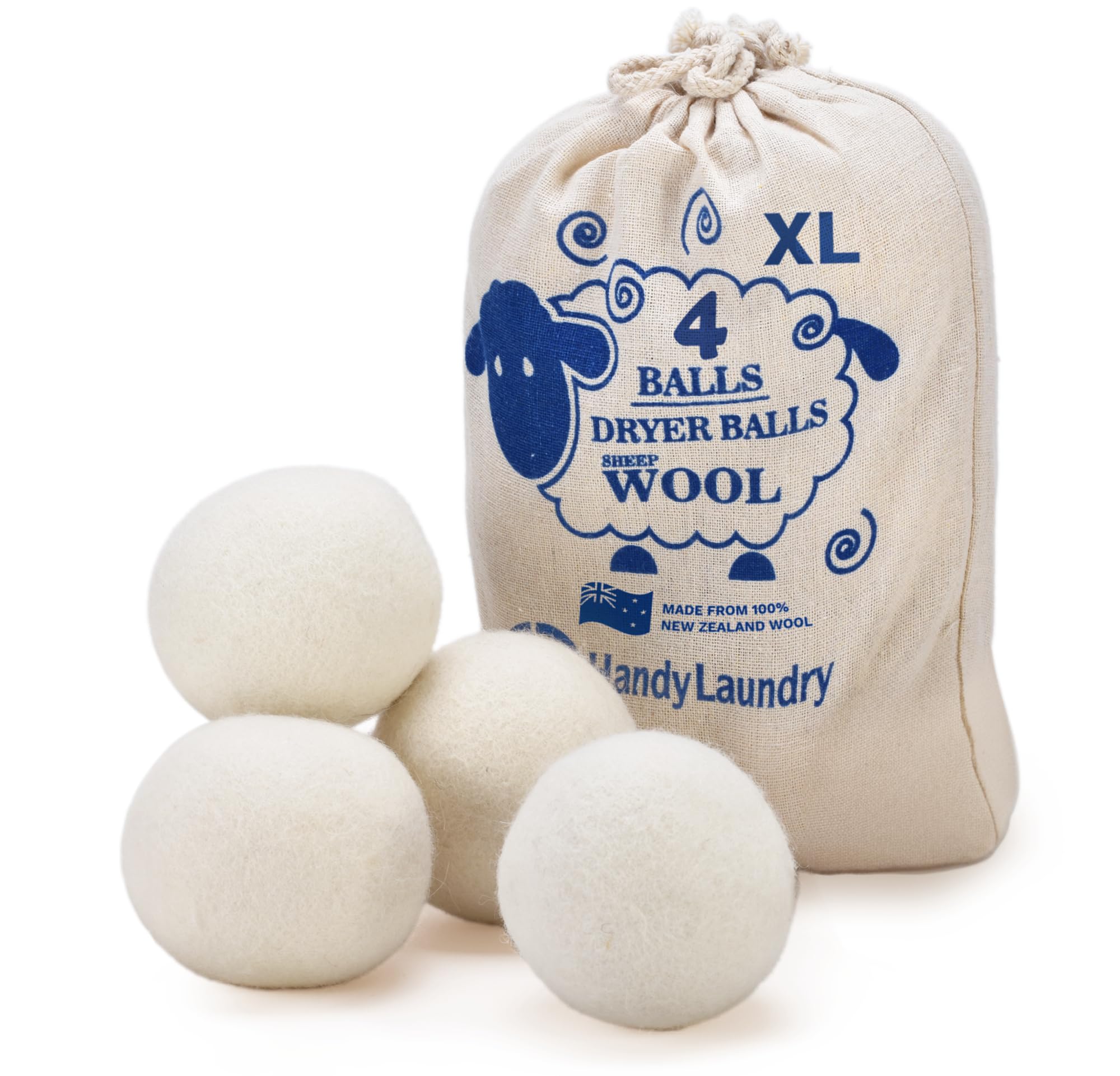 Handy Laundry Wool Dryer Balls - Natural Fabric Softener, Reusable, Reduces Clothing Wrinkles and Saves Drying Time, Better Alternative to Plastic Balls and Liquid Softener (Pack of 4)