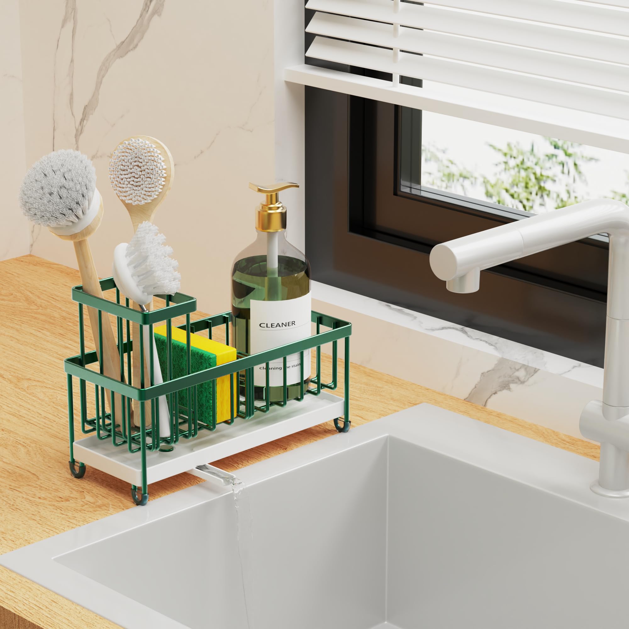 Cisily Black Sponge Holder for Kitchen Sink, Sink Caddy Organizer with High Brush Holder, Kitchen Countertop Organizers and Storage Essentials, Rustproof 304 Stainless Steel, Soap Dispenser Organize