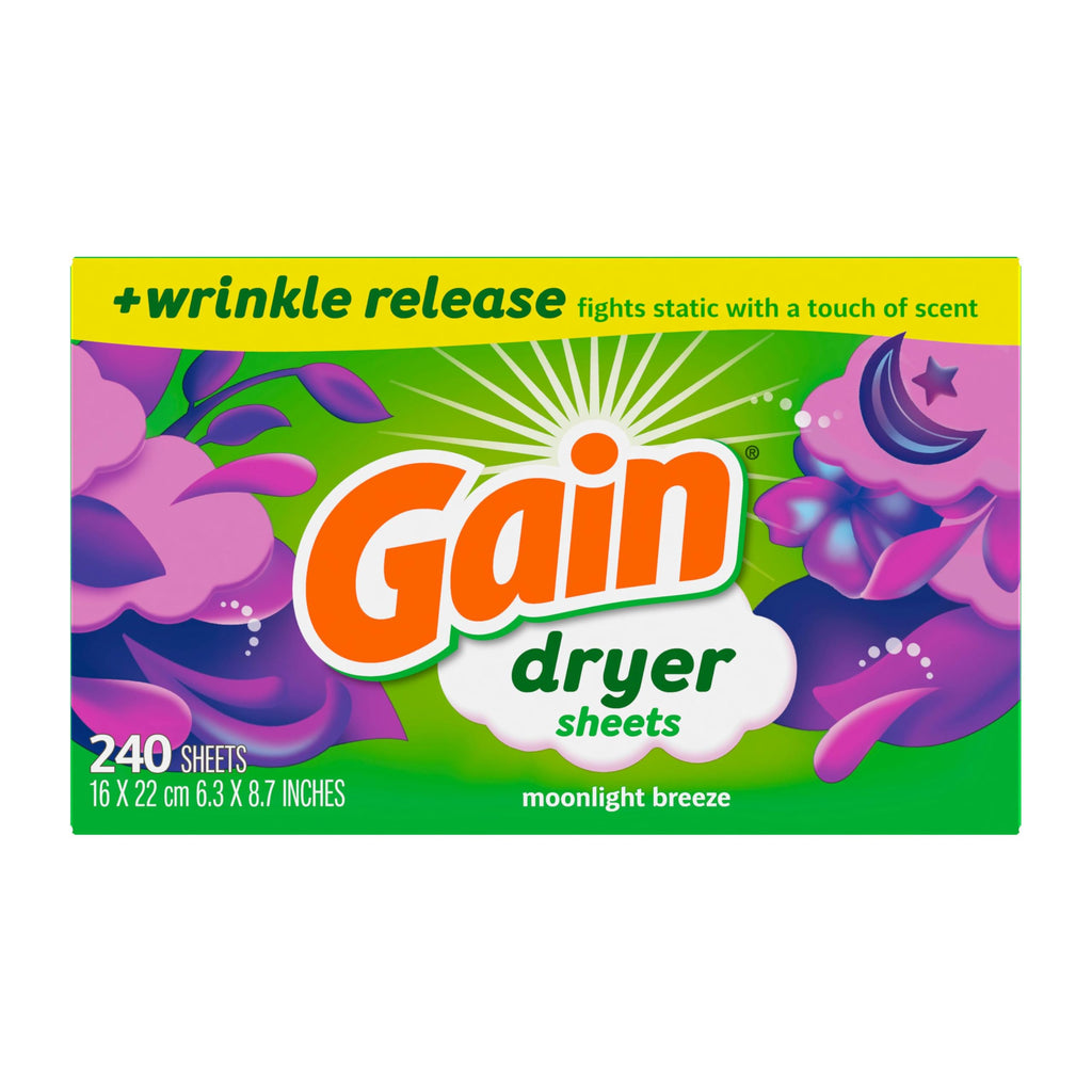 Gain dryer sheets Plus Wrinkle Release, Moonlight Breeze Scent, 120 Count, Fights static with a touch of scent, laundry sheets