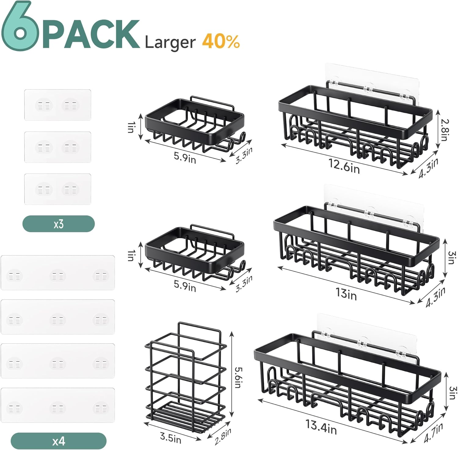 Veken Shower Caddy 6-Pack, Advanced Rustproof Design, No Drilling Adhesive Shelves, Rack with Soap Holder, Large Capacity Bathroom Organizers and Storage, Wall-Mounted Kitchen & Home Decor