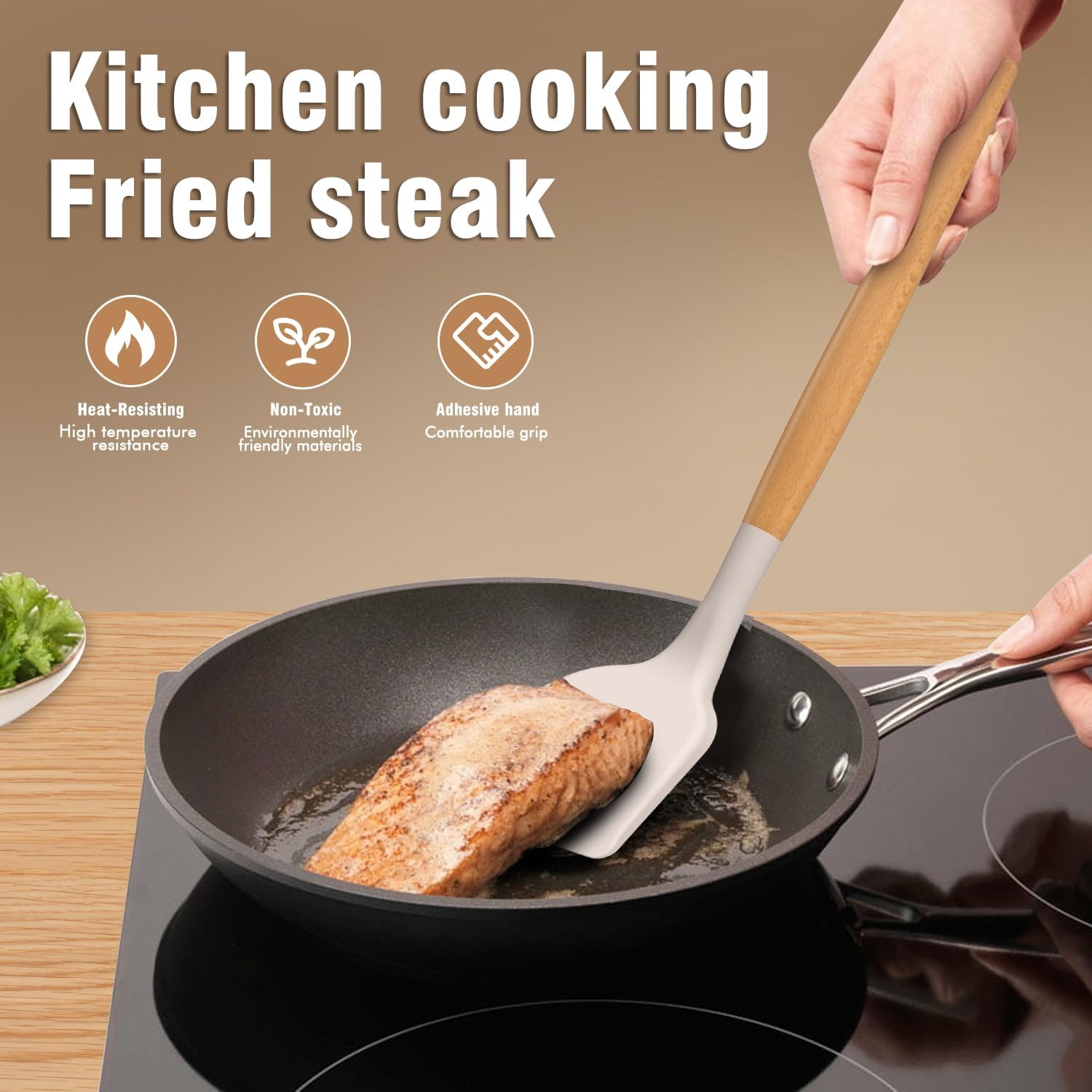 Silicone Cooking Utensils Set - AVGPD Silicone Kitchen Utensils for Cooking Wooden Handles, 446°F Heat Resistant Kitchen Utensil Spatula Sets w Holder, Gadgets for Non-Stick Cookware BPA FREE (Khaki)