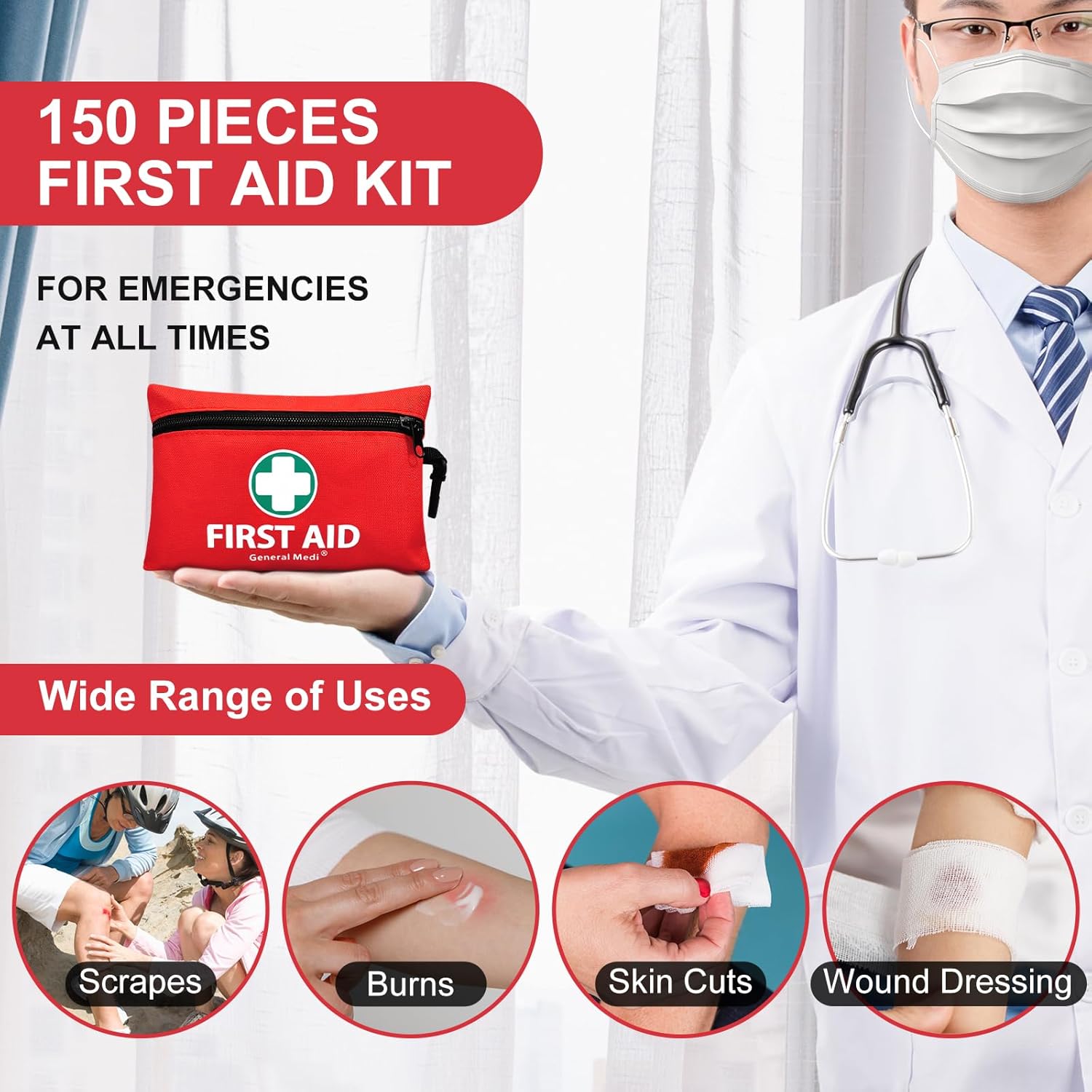 General Medi Mini First Aid Kit, 110 Piece Small First Aid Kit - Includes Emergency Foil Blanket, Scissors for Travel, Home, Office, Vehicle, Camping, Workplace & Outdoor (Red)