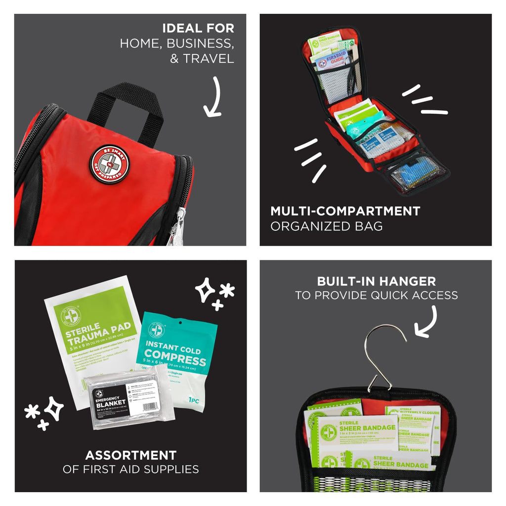Be Smart Get Prepared 180 Piece First Aid Kit: Clean, Treat, Protect Minor Cuts, Scrapes. Home, Office, Car, School, Business, Travel, Emergency, Survival, Hunting, Outdoor, Camping & Sports, FSA HSA