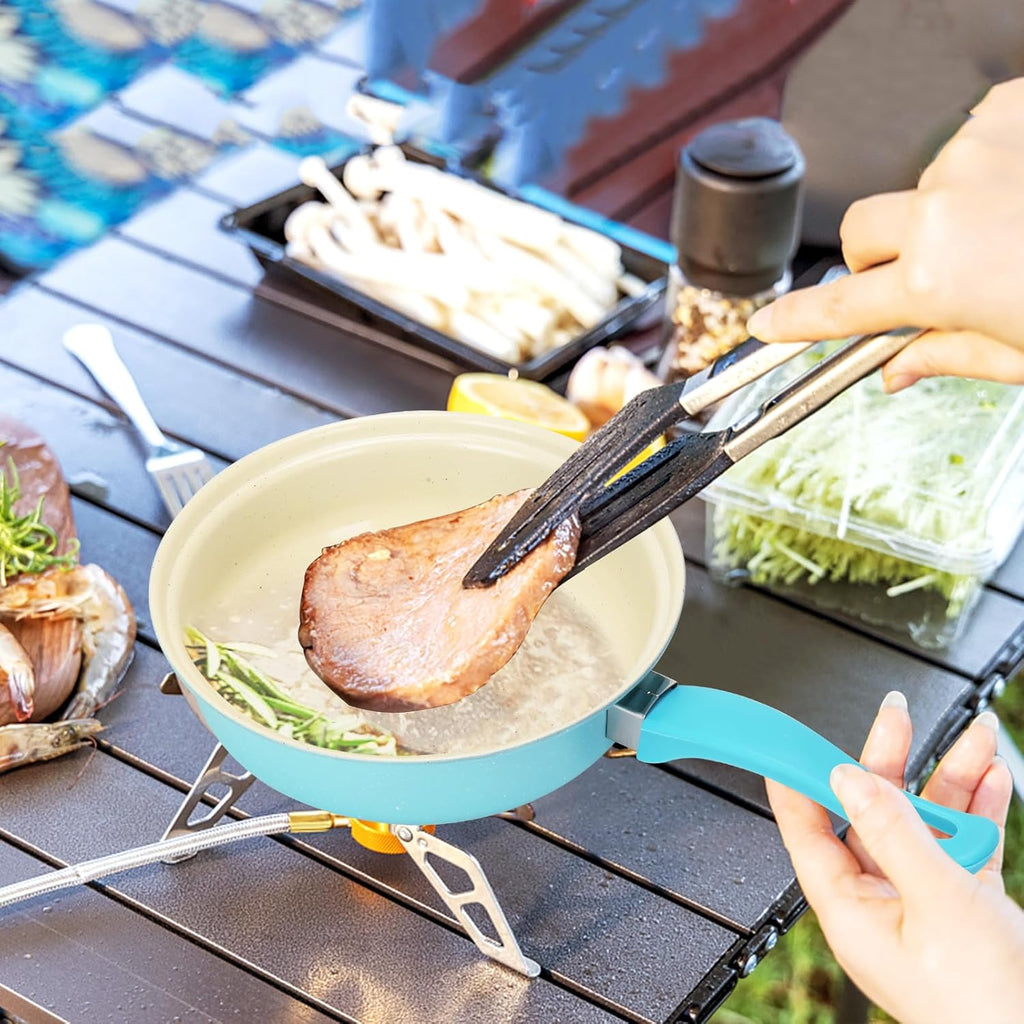 Non-Stick Cookware Set, Portable Lightweight Cast Iron Pots and Pans with Glass Lids and Nylon Utensils - 13 Piece Set Blue for Outdoor Camping Picnic Travel