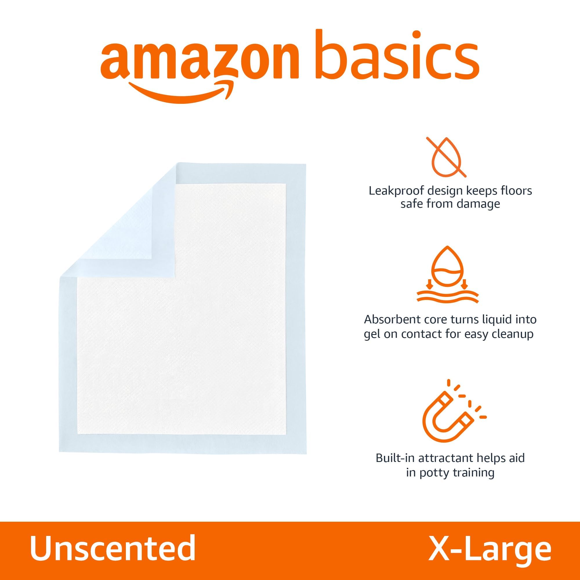 Amazon Basics Dog and Puppy Pee Pads, 5-Layer Leak-Proof Super Absorbent, Quick-Dry Surface, Potty Training, Regular (22x22"), 50 Count, Blue & White