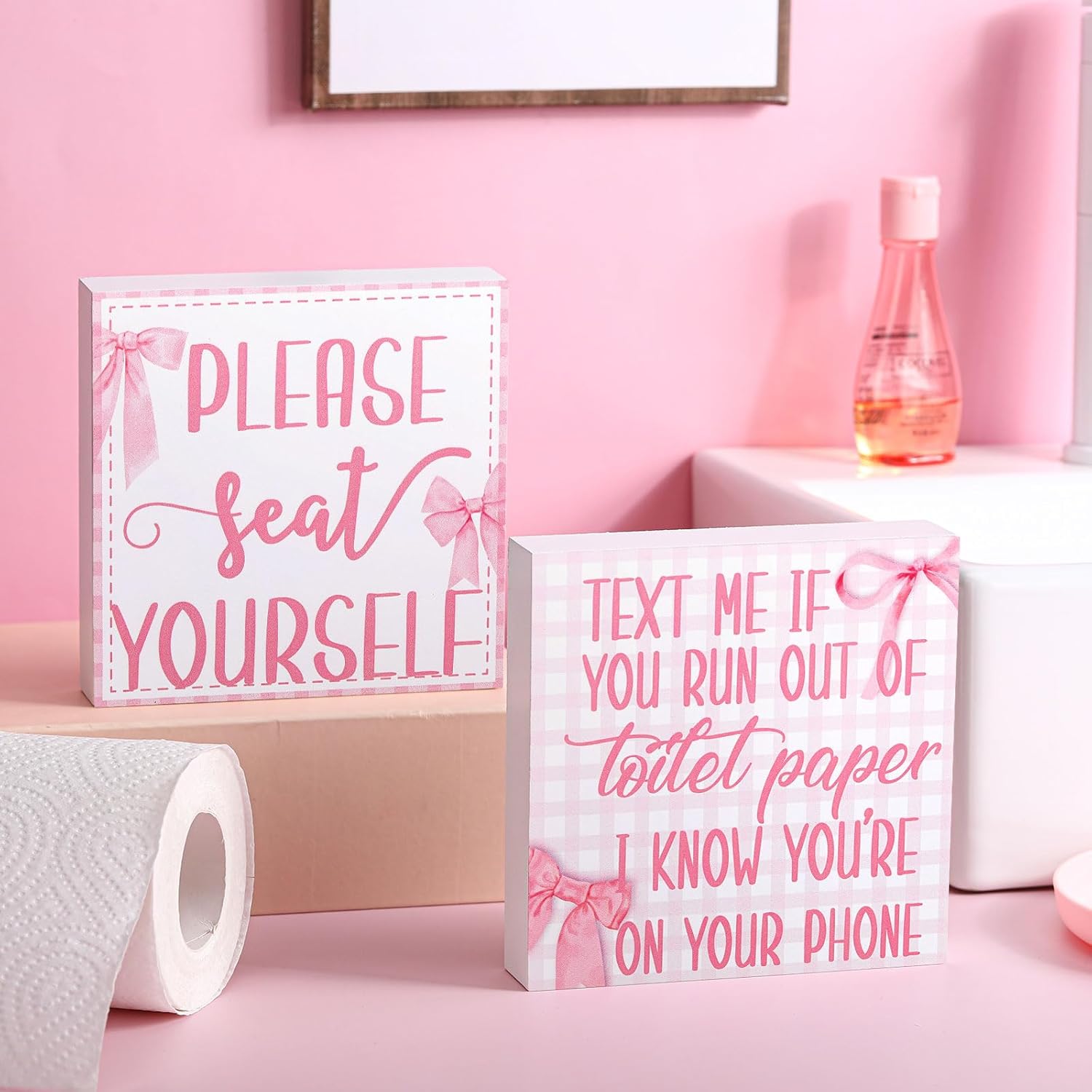 Jetec 2 Pieces Farmhouse Bathroom Signs Decor Wooden Box Sign Funny Bathroom Wall Art Rustic Wood Plaque Please Seat Yourself Decor for Home Restroom(Black)