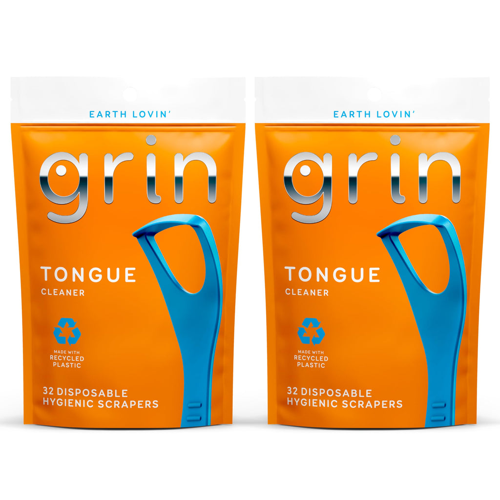 GRIN Tongue Cleaner, 32 Count, Disposable Tongue Cleaner, Hygienic Scraper, Recycled Plastic, Clean Tongue, Promote Fresh Breath, Includes Safe Fold- Back Tooth Pick