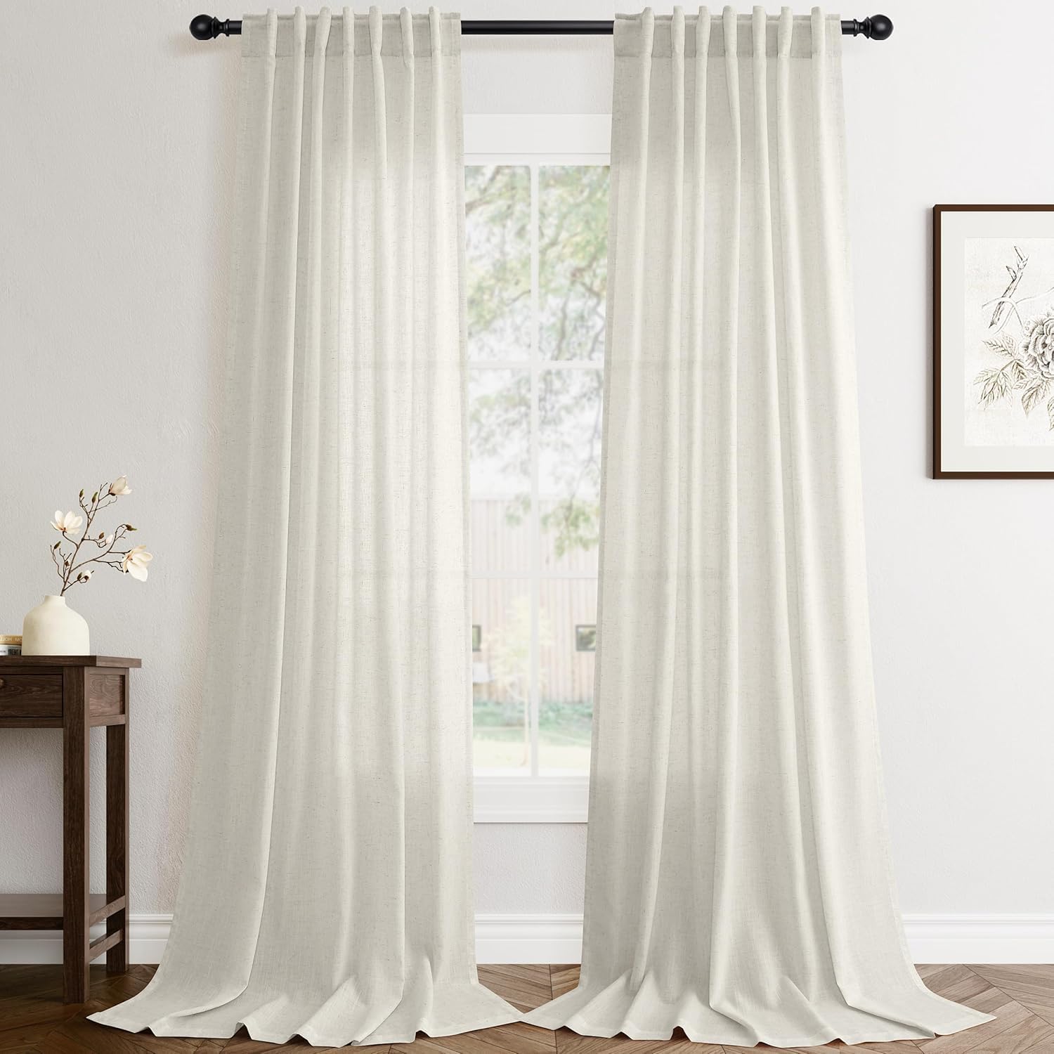Linen White Curtains 84 inches Long for Bedroom Back Tab Privacy Light Filtering Semi Sheer White Boho Farmhouse Curtain Textured Modern Elegant Coastal Decor Curtains for Living Room