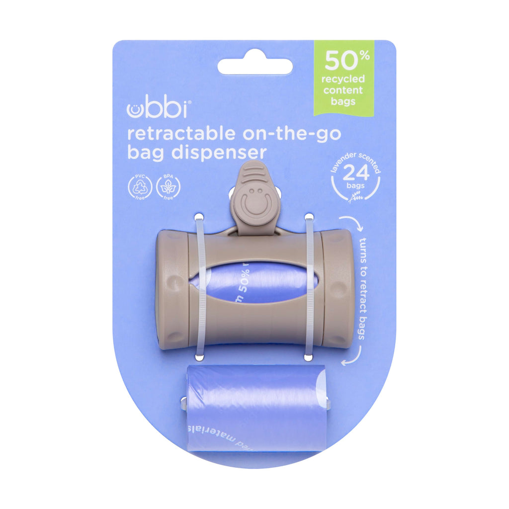 Ubbi Retractable On the Go Bag Dispenser for Travel, Diaper Bag Accessory Must Have for Newborn, Helpful Item, Baby Gift, Lavender Scented, Gray