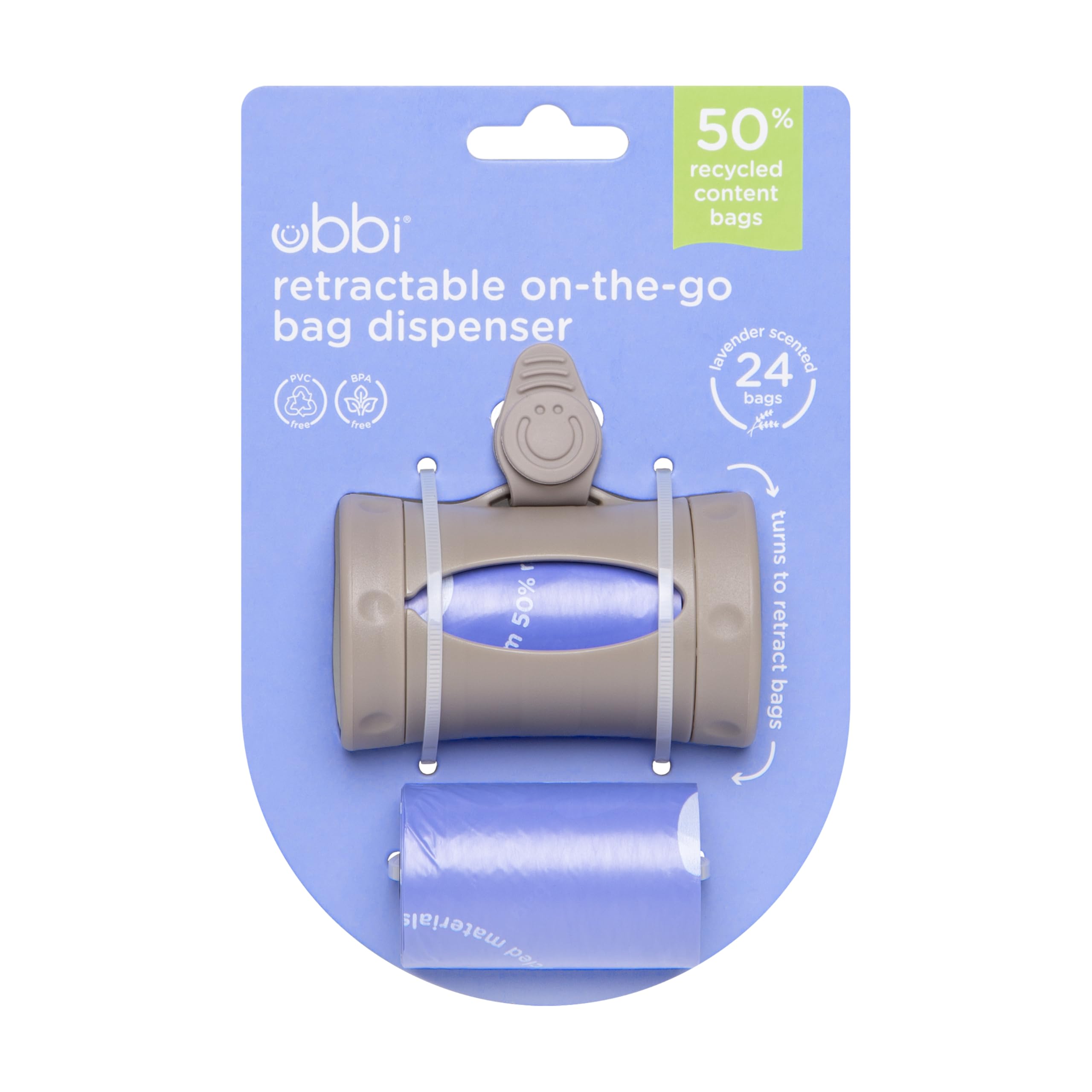 Ubbi Retractable On the Go Bag Dispenser for Travel, Diaper Bag Accessory Must Have for Newborn, Helpful Item, Baby Gift, Lavender Scented, Gray