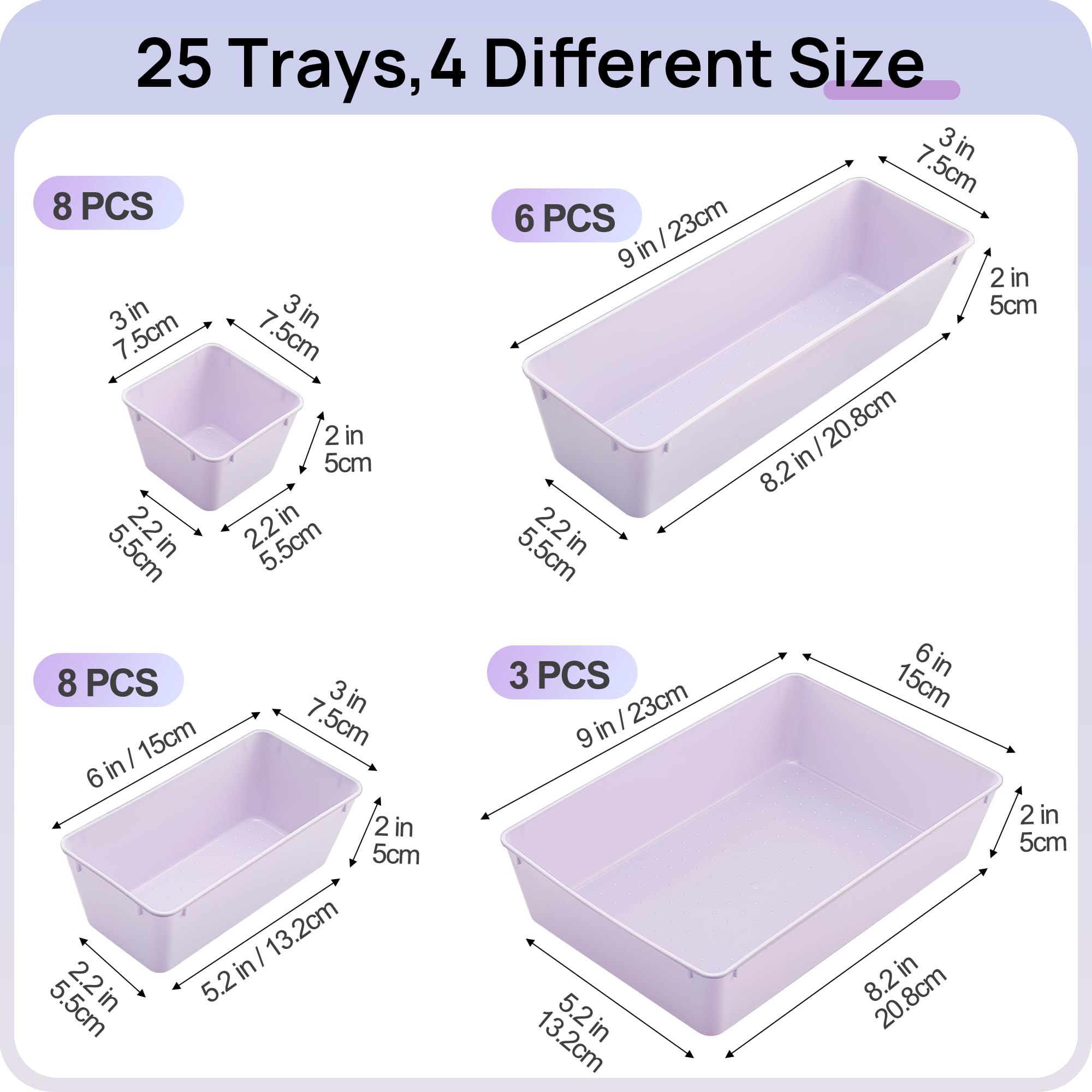 Vtopmart 25 PCS Clear Plastic Drawer Organizers Set, 4-Size Versatile Bathroom and Vanity Drawer Organizer Trays, Storage Bins for Makeup, Bedroom, Kitchen Gadgets Utensils and Office