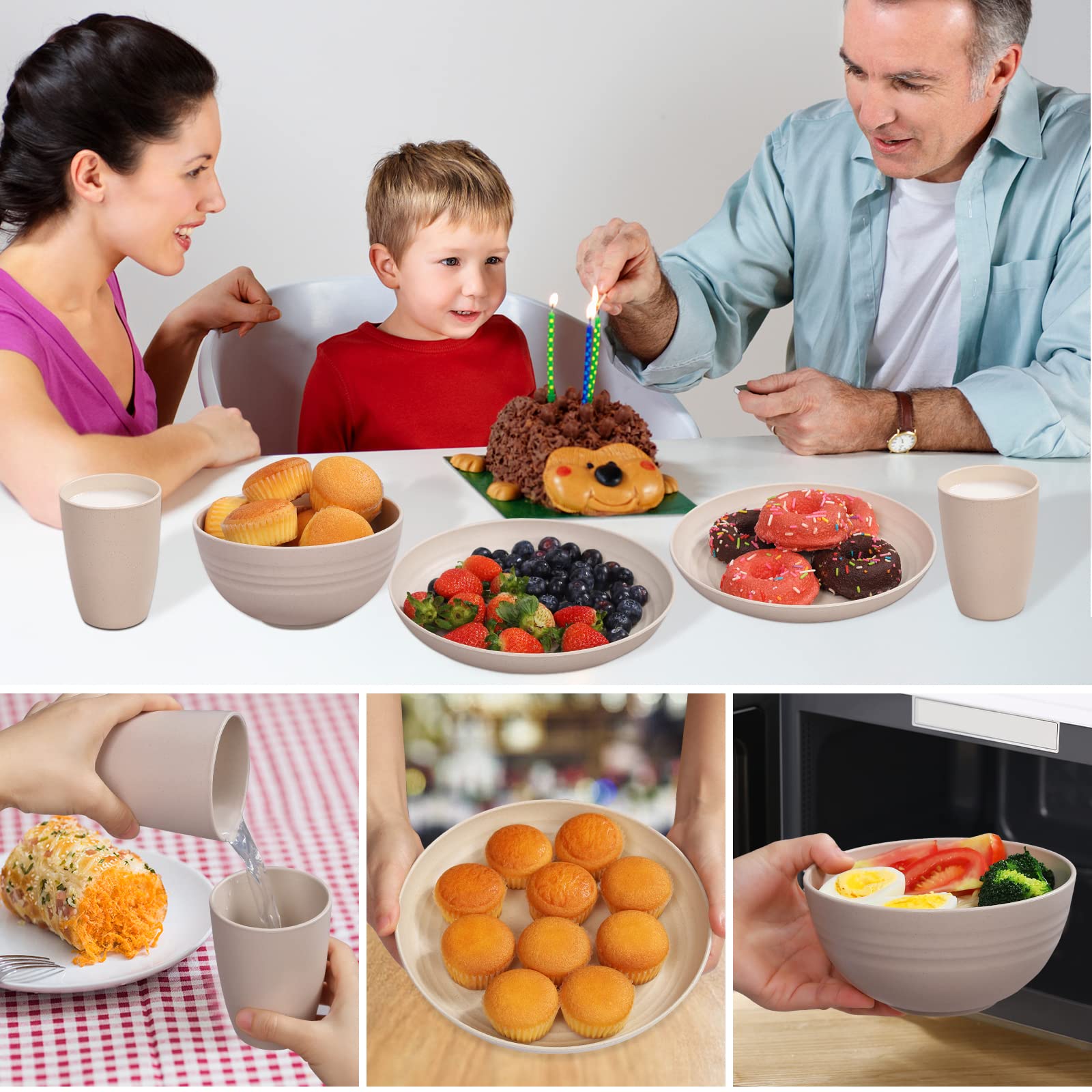 Wheat Straw Dinnerware Sets for 4, Wheat Straw Plates and Bowls Sets Kitchen Dishes 28pcs College Dorm Room Essentials Cutlery Set Microwave Safe (Beige)