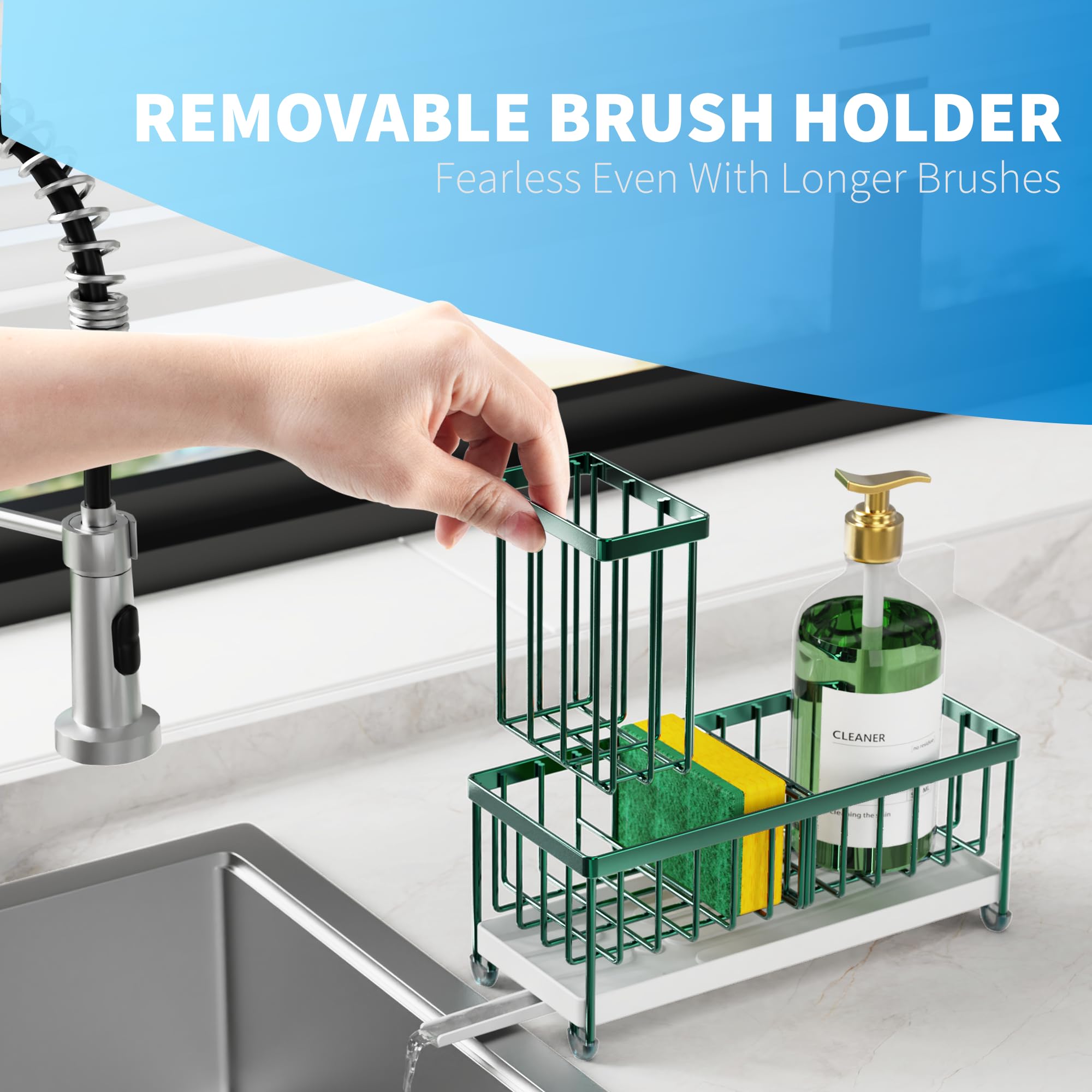 Cisily Black Sponge Holder for Kitchen Sink, Sink Caddy Organizer with High Brush Holder, Kitchen Countertop Organizers and Storage Essentials, Rustproof 304 Stainless Steel, Soap Dispenser Organize