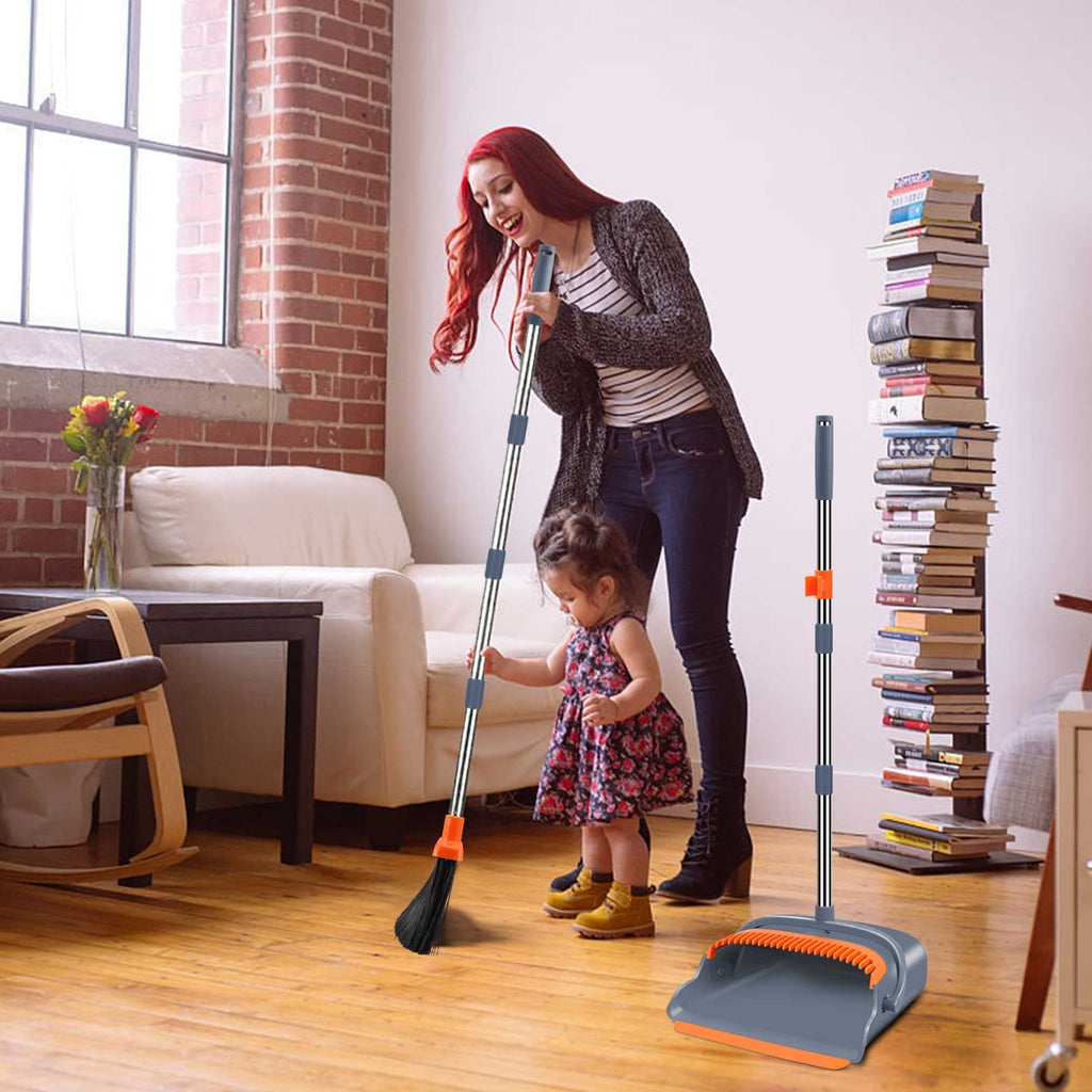 kelamayi Upgrade Broom and Dustpan Set, Large Size and with Long Handle, Upright,Ideal for Indoor Outdoor Garage Kitchen Room Office Lobby Use (Green)