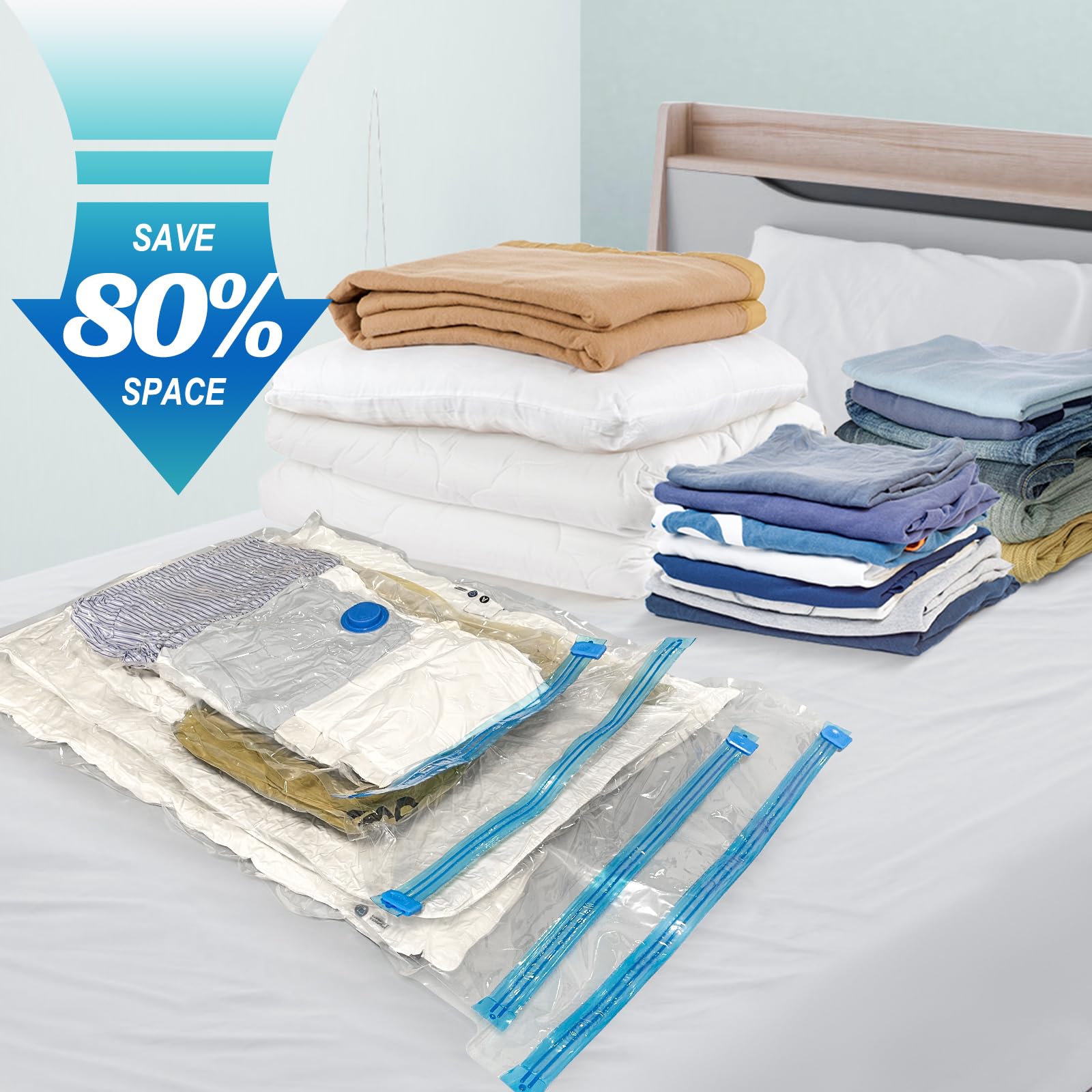 Fygrip 20 Pack Vacuum Storage Bags with Hand Pump, 4 Jumbo + 4 Large + 4 Medium + 8 Small Plastic Packaging Bags, 80% Space Saver Vacuum Seal Bags for Clothing, Travel Lugggage, Blankets, Comforters