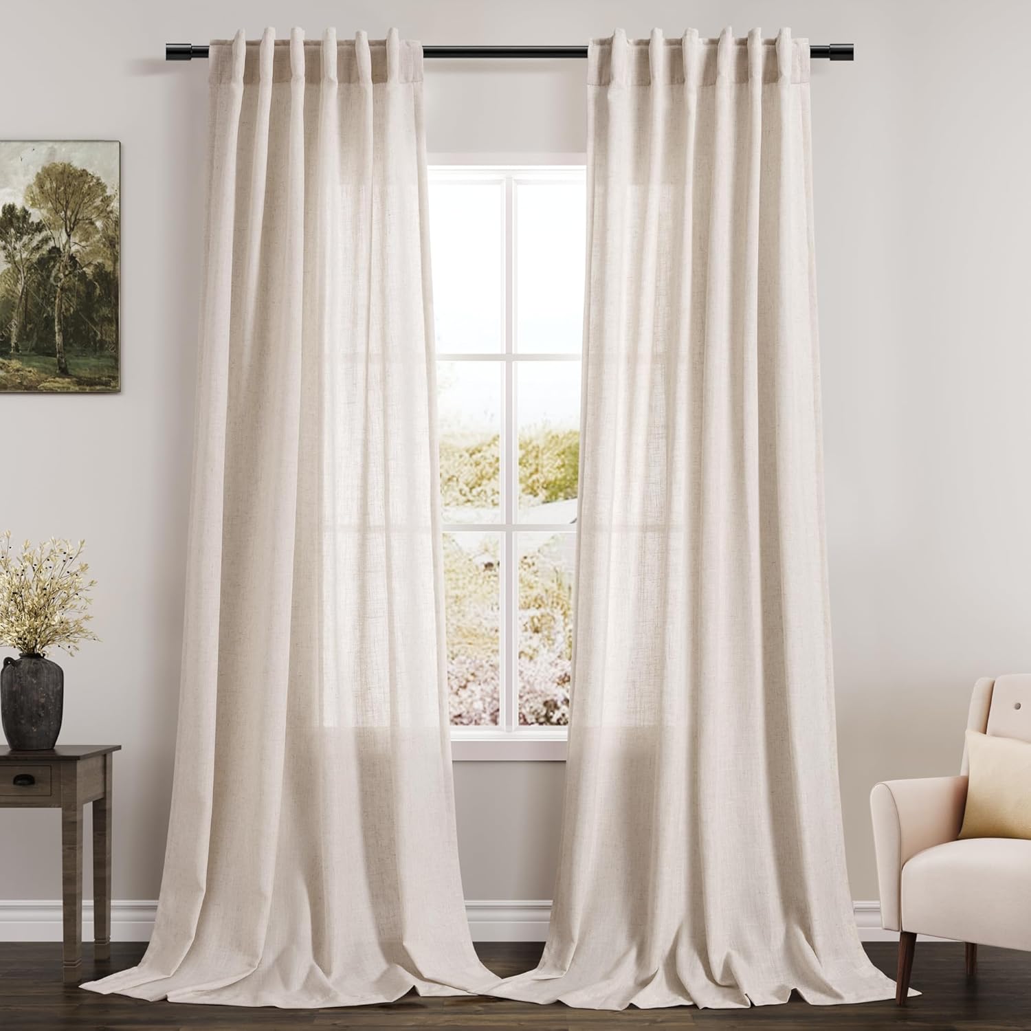 Nanspring Burgundy Linen Curtains 84 Inch Length 2 Panels Set for Living Room Rod Pocket Back Tab Light Filtering Window Drapes for Bedroom Dining Room Protect Privacy Modern Farmhouse Decor 52x84