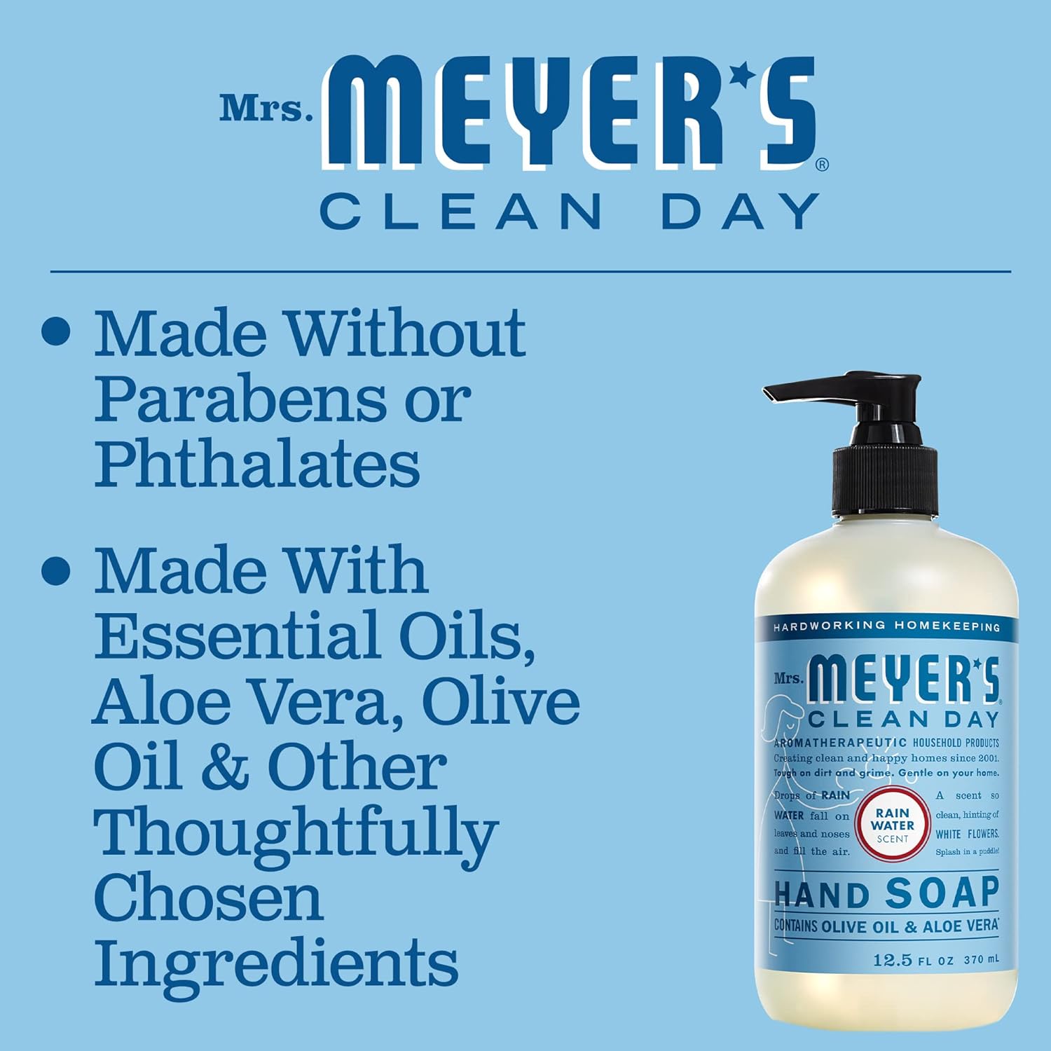 MRS. MEYER'S CLEAN DAY Hand Soap, Made with Essential Oils, Rain Water, 12.5 fl. oz - Pack of 3