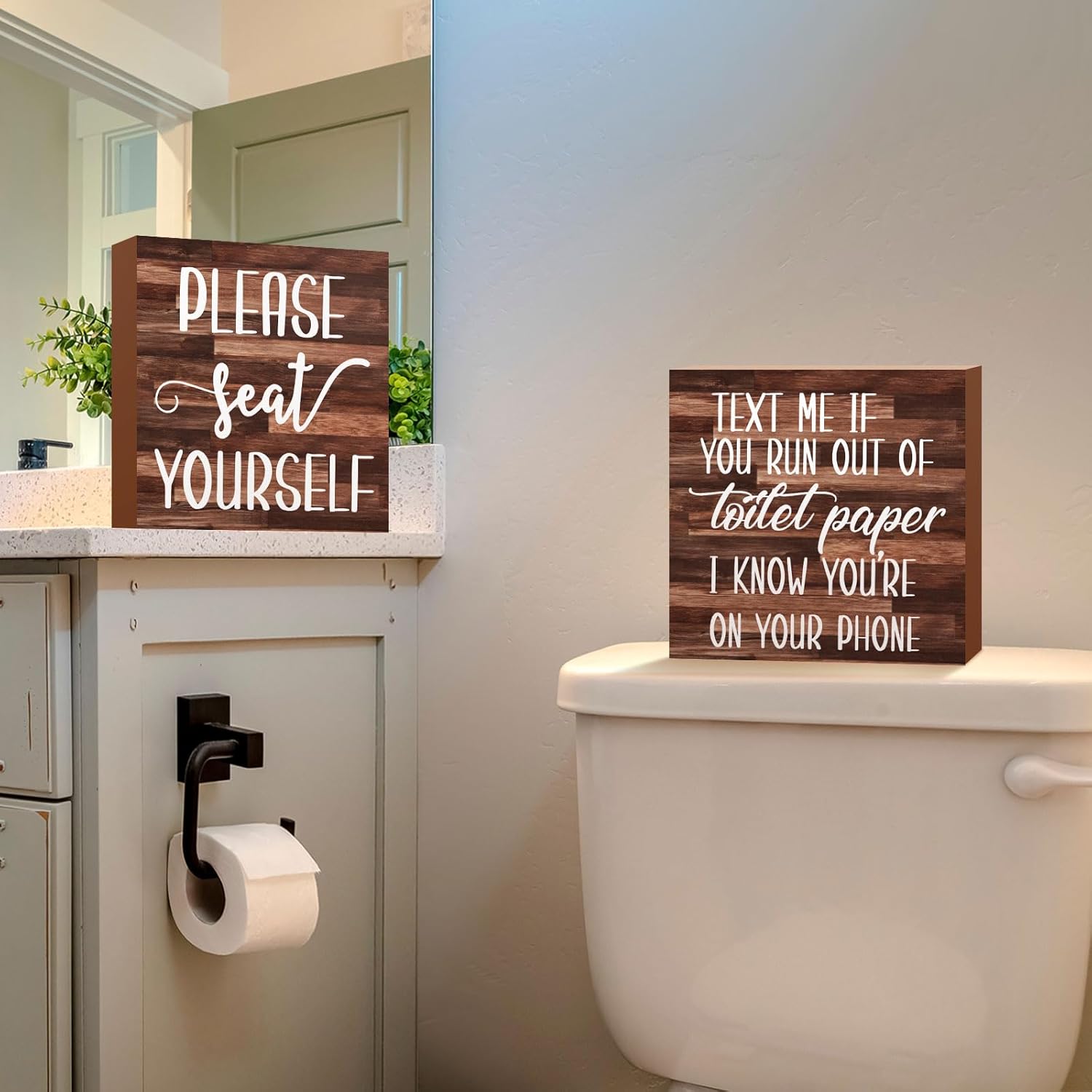 Jetec 2 Pieces Farmhouse Bathroom Signs Decor Wooden Box Sign Funny Bathroom Wall Art Rustic Wood Plaque Please Seat Yourself Decor for Home Restroom(Black)