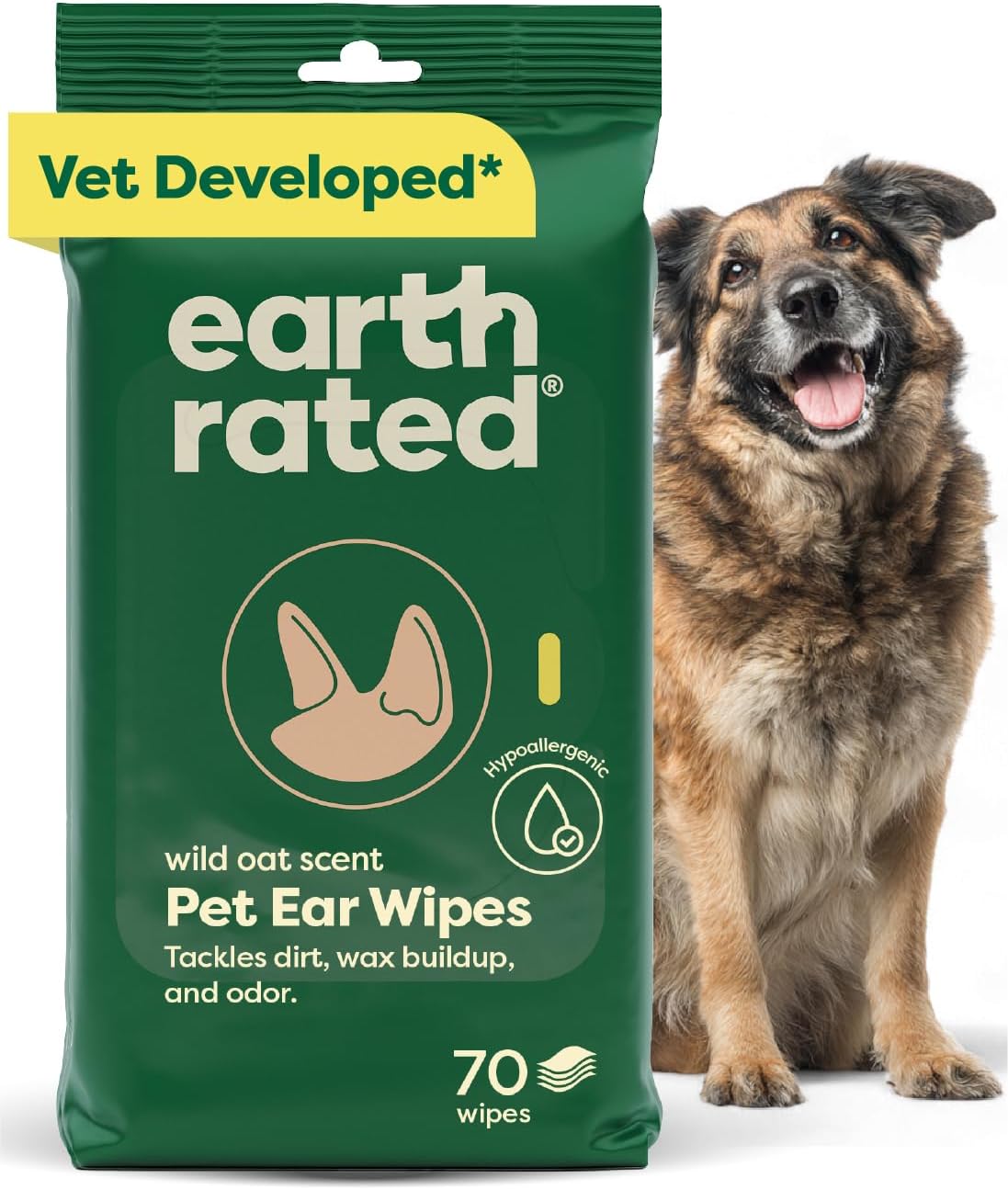 Earth Rated Vet-Developed Pet Ear Wipes, Hypoallergenic Cleaner for Dogs & Cats Ears to Remove Dirt and Wax Build Up, Wild Oat Scent, 70 Count