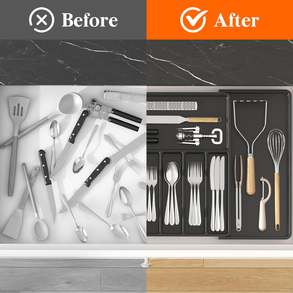 Lifewit Silverware Drawer Organizer, Expandable Utensil Tray for Kitchen, BPA Free Flatware and Cutlery Holder, Adjustable Plastic Storage for Spoons Forks Knives, 8.5"-14.1" x 12.1", Black