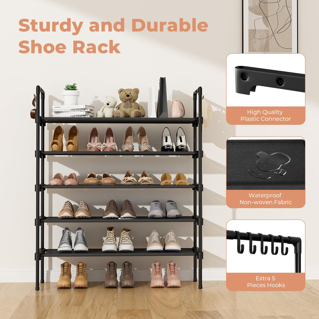 LANTEFUL 3 Tier Shoe Rack for Closet, Shoe Organizer with 5 Hooks, Long Shoe Shelf Storage for Sneaker and Boot Stackable Free Standing Shoe Rack for Entryway, Garage, Small Spaces, Dorm