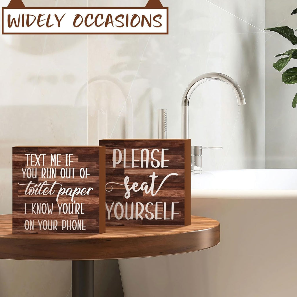 Jetec 2 Pieces Farmhouse Bathroom Signs Decor Wooden Box Sign Funny Bathroom Wall Art Rustic Wood Plaque Please Seat Yourself Decor for Home Restroom(Black)