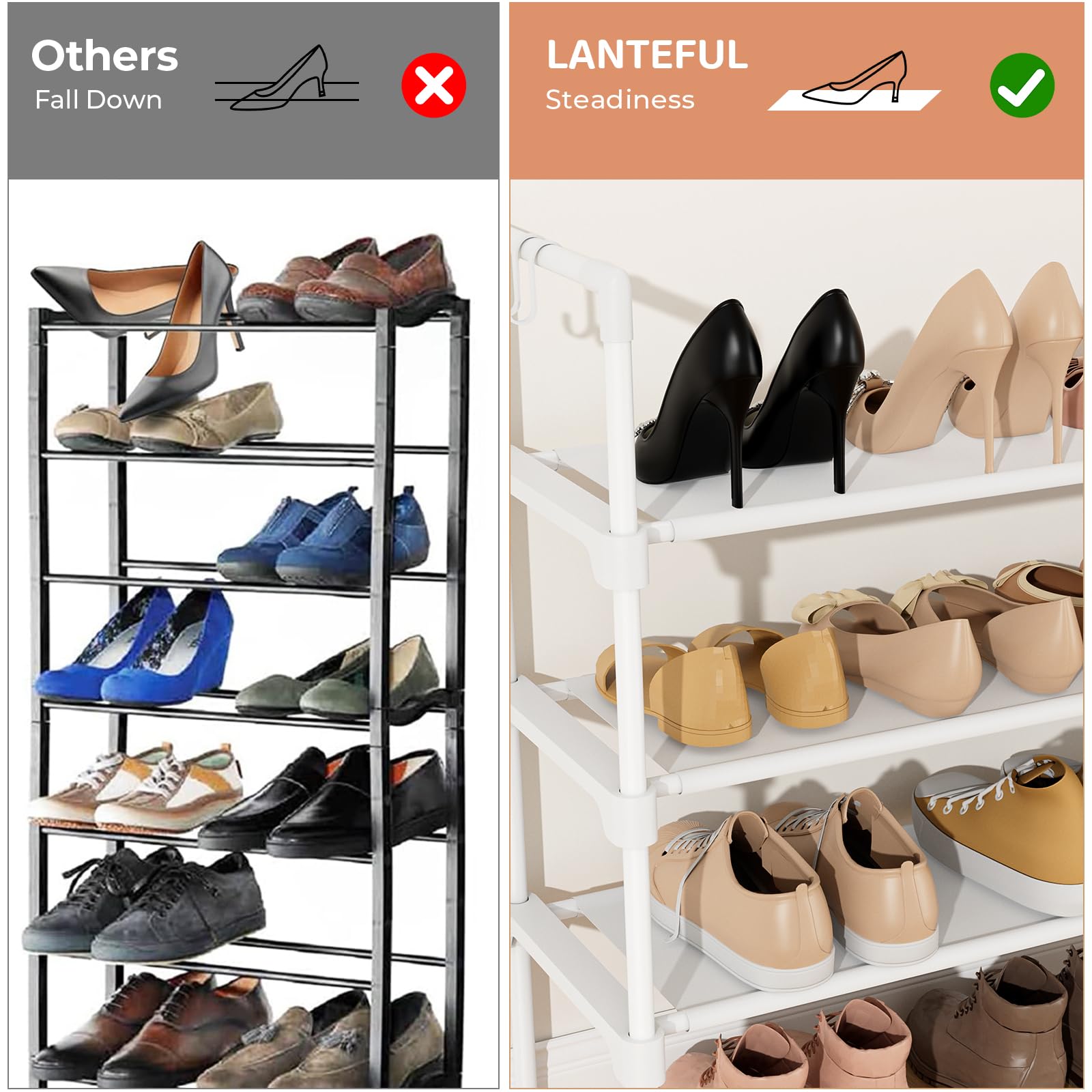 LANTEFUL 3 Tier Shoe Rack for Closet, Shoe Organizer with 5 Hooks, Long Shoe Shelf Storage for Sneaker and Boot Stackable Free Standing Shoe Rack for Entryway, Garage, Small Spaces, Dorm