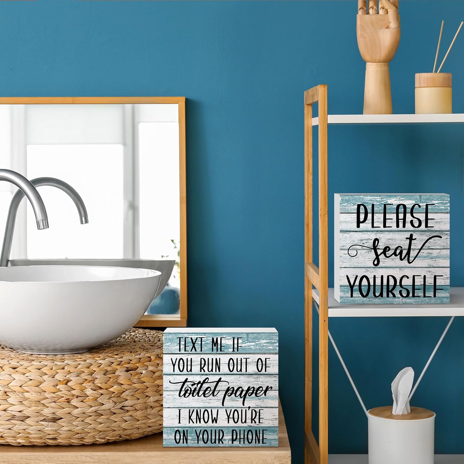 Jetec 2 Pieces Farmhouse Bathroom Signs Decor Wooden Box Sign Funny Bathroom Wall Art Rustic Wood Plaque Please Seat Yourself Decor for Home Restroom(Black)