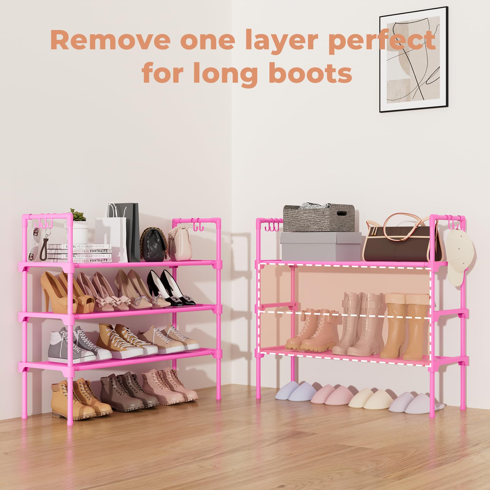 LANTEFUL 3 Tier Shoe Rack for Closet, Shoe Organizer with 5 Hooks, Long Shoe Shelf Storage for Sneaker and Boot Stackable Free Standing Shoe Rack for Entryway, Garage, Small Spaces, Dorm