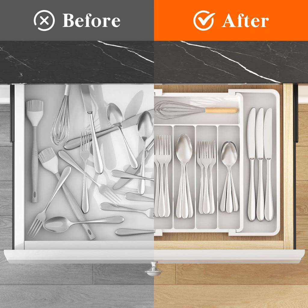 Lifewit Silverware Drawer Organizer, Expandable Utensil Tray for Kitchen, BPA Free Flatware and Cutlery Holder, Adjustable Plastic Storage for Spoons Forks Knives, 8.5"-14.1" x 12.1", Black