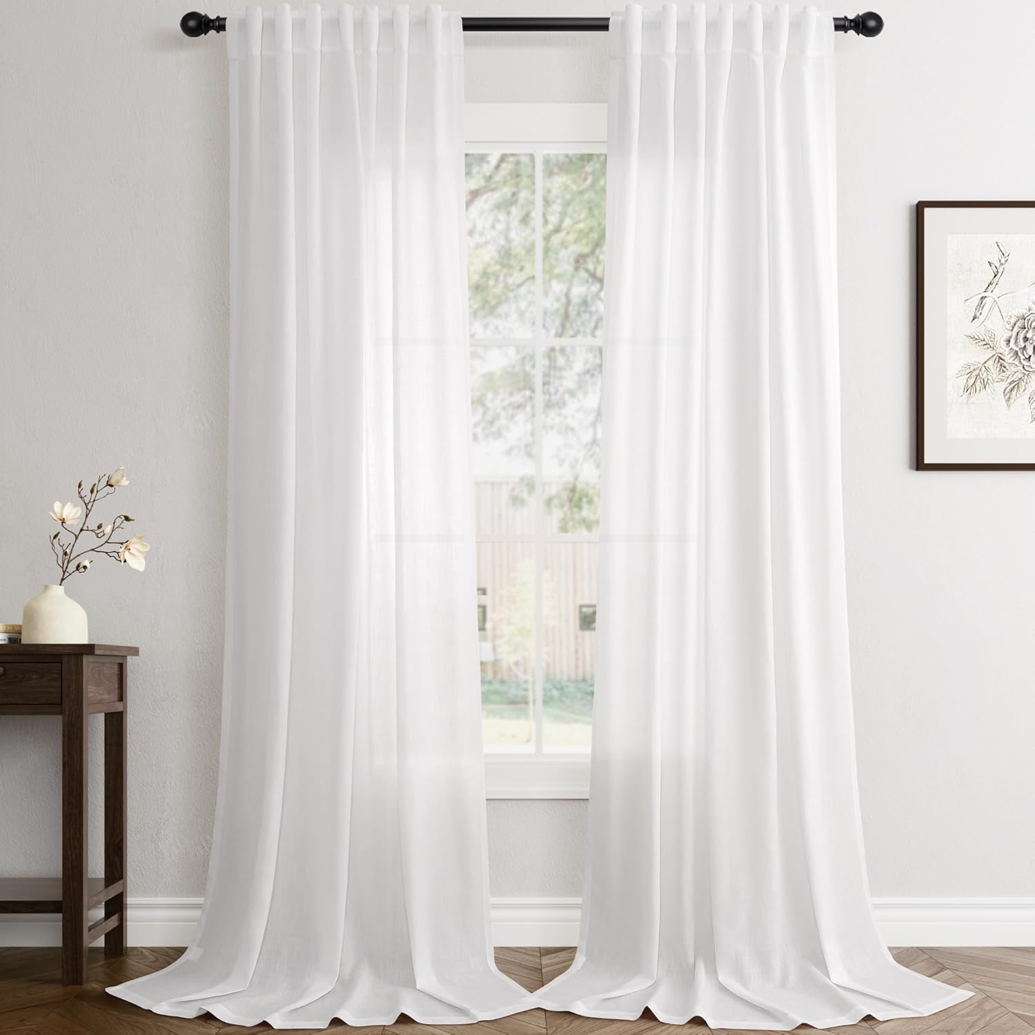 Rustic Brown Linen Back Tab Curtains 84 Inch Length for Living Room 2 Panel Pocket Drape Light Filtering Semi Sheer Cream Country Rustic Farmhouse Boho Curtain Bedroom Pinch Pleated Look